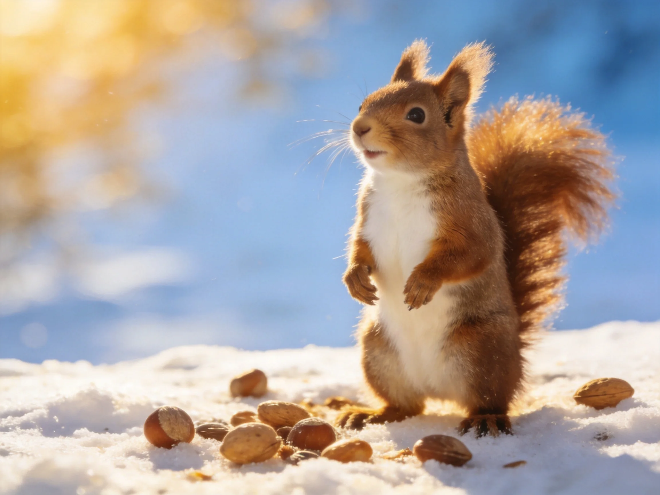 A brown squirrel with a bushy tail near scattered nuts on snow