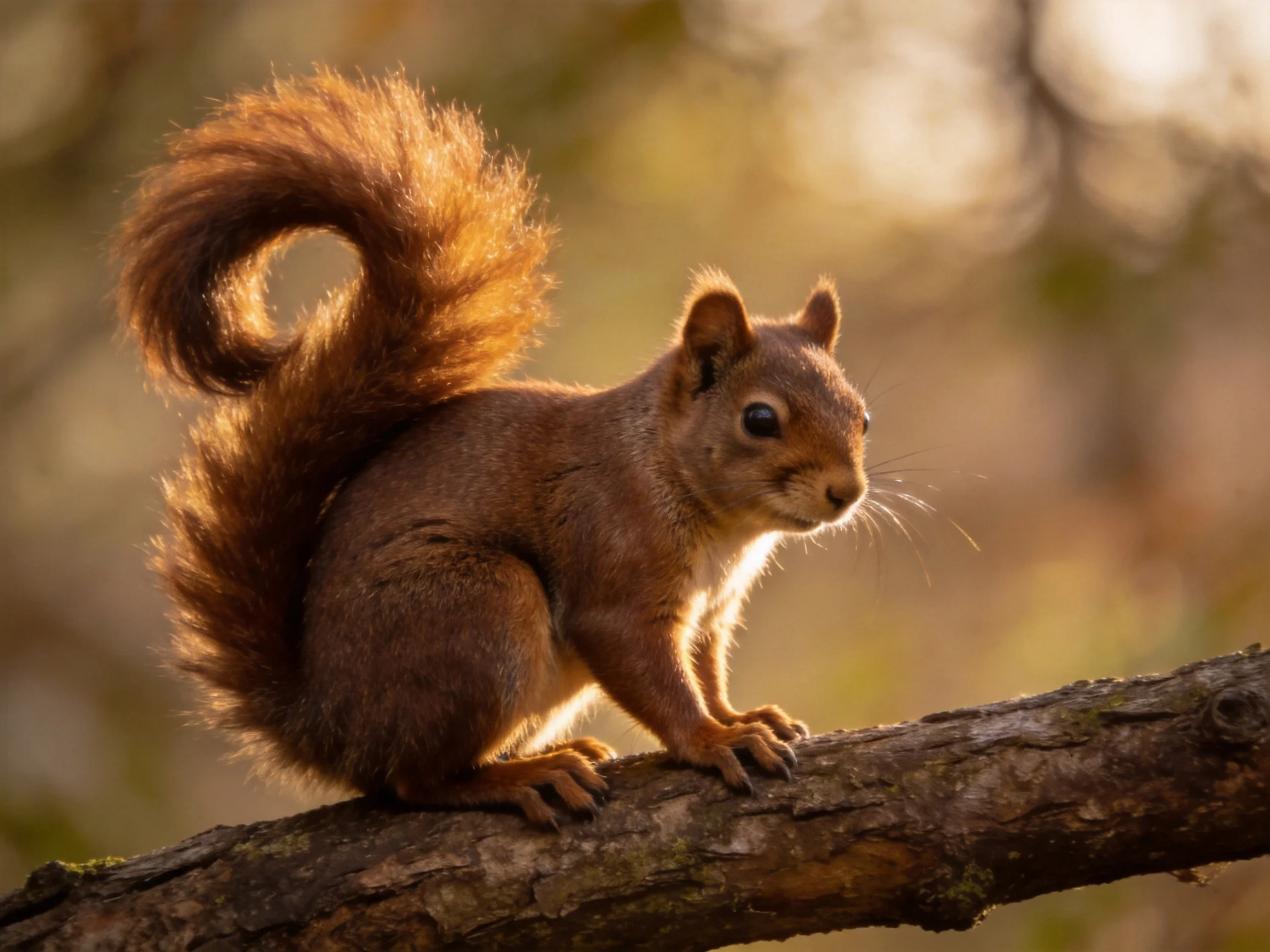 A brown squirrel with a bushy tail perches on a weathered tree branch