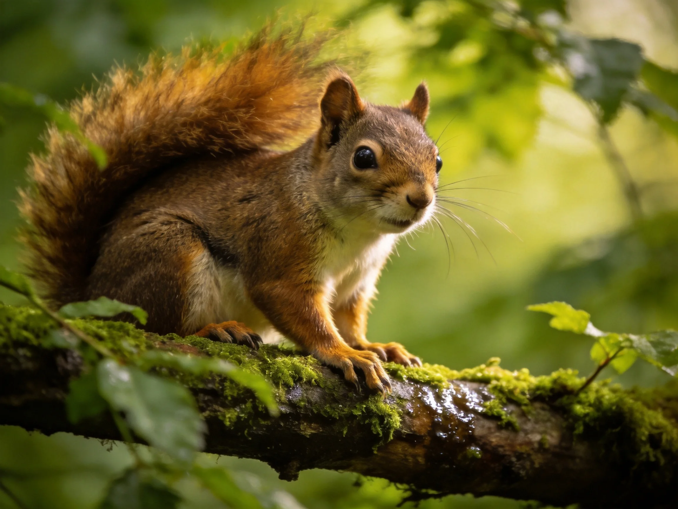 A brown squirrel with a bushy tail sits on a mossy tree branch