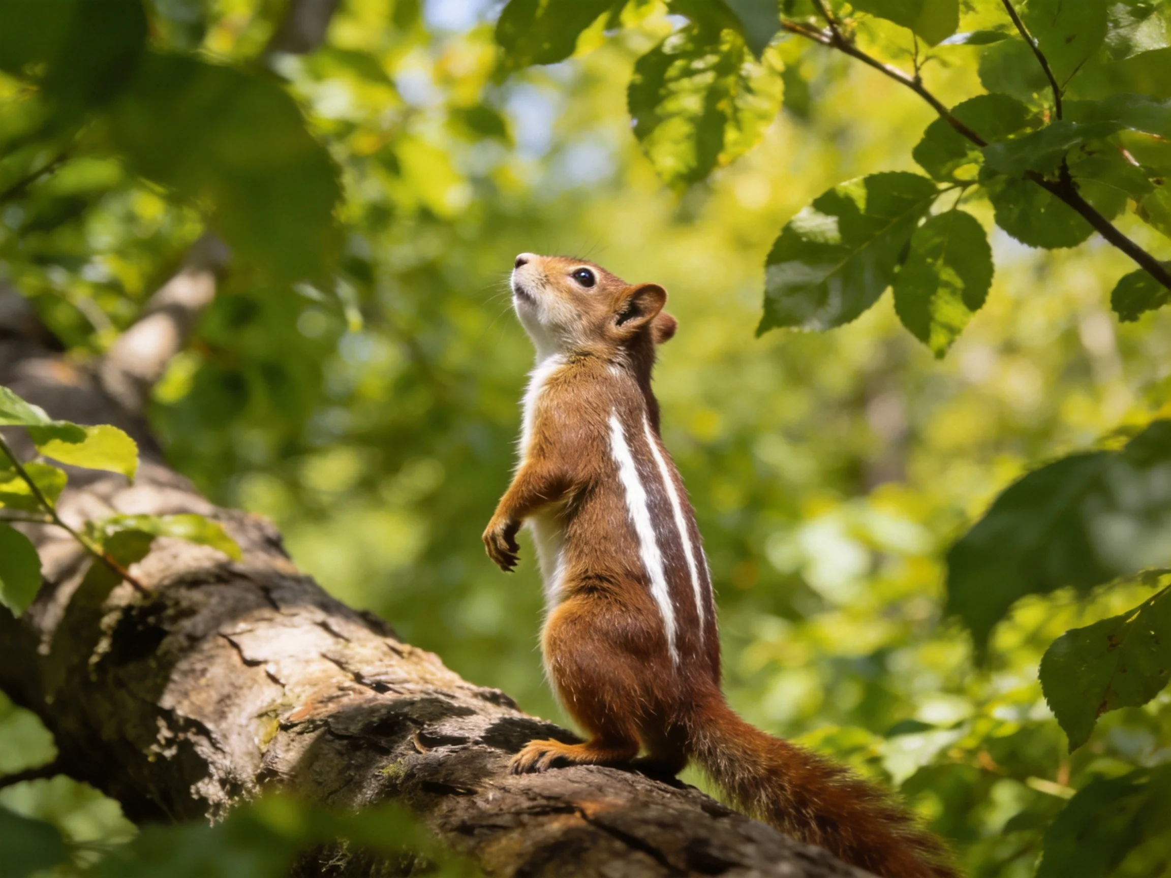 A brown squirrel with a white stripe stands on a tree branch in a sunlit forest