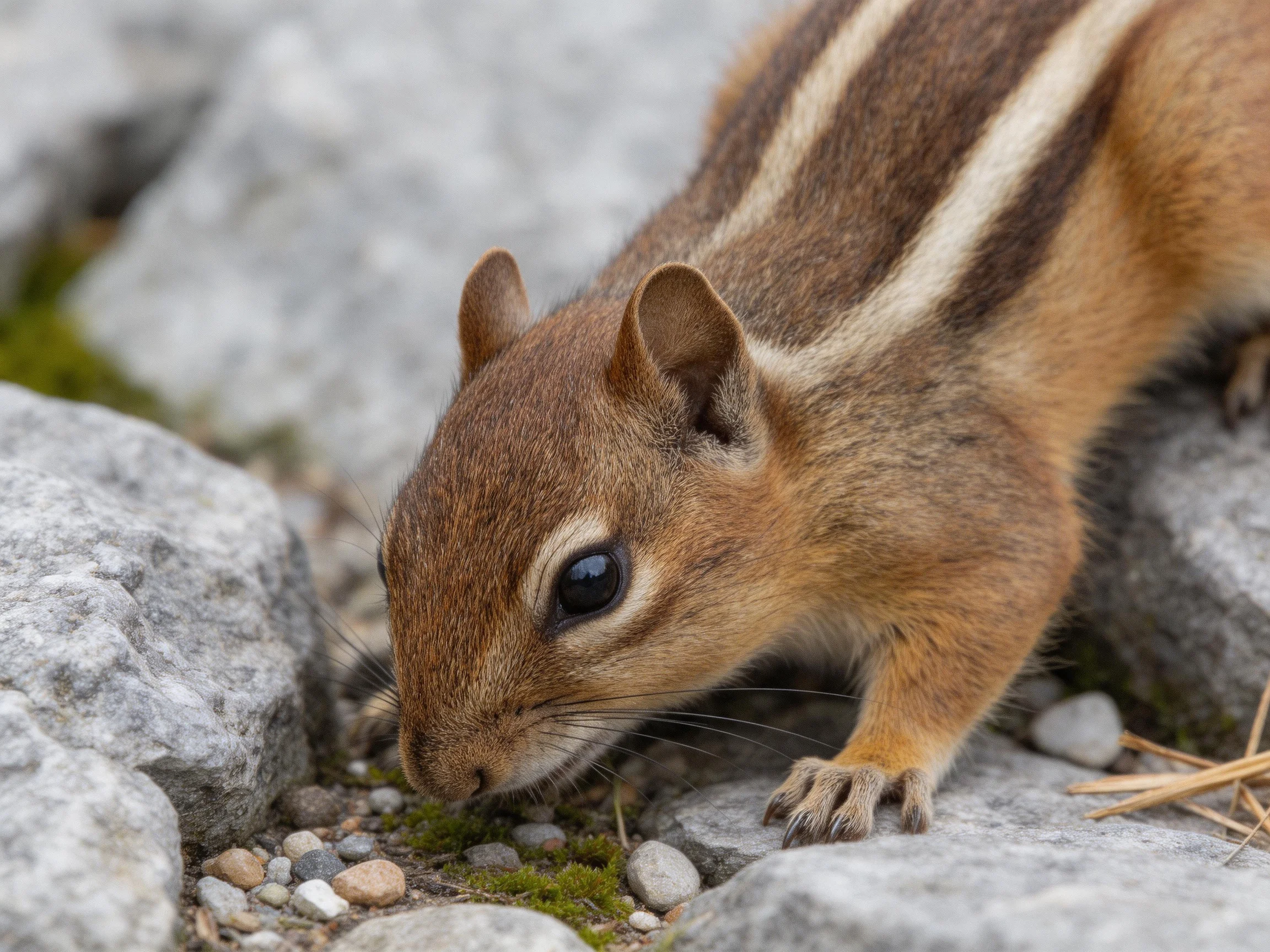 A brown squirrel with white stripes explores rocky terrain with pebbles and moss.
