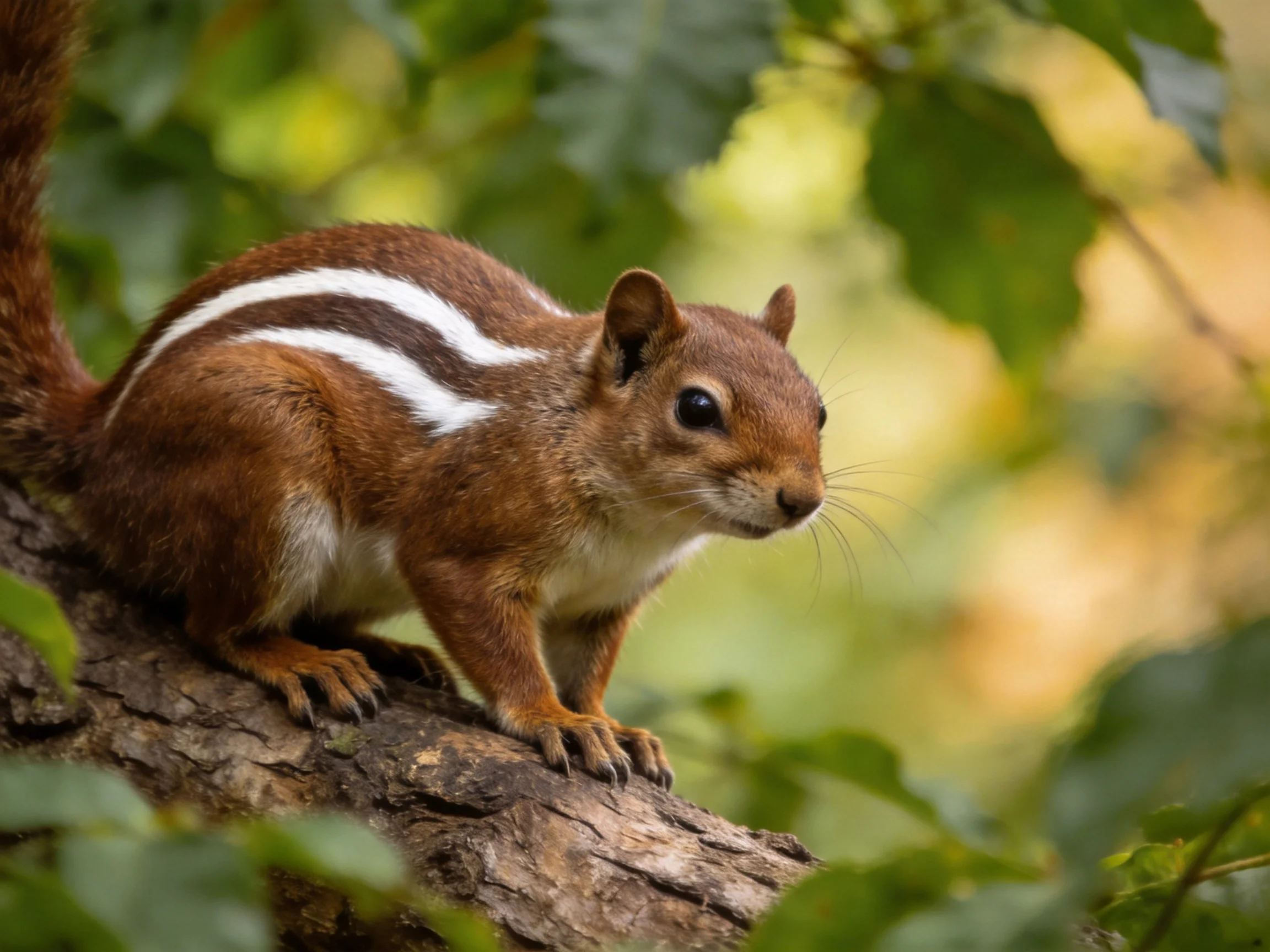 A brown squirrel with two white stripes perched on a tree trunk