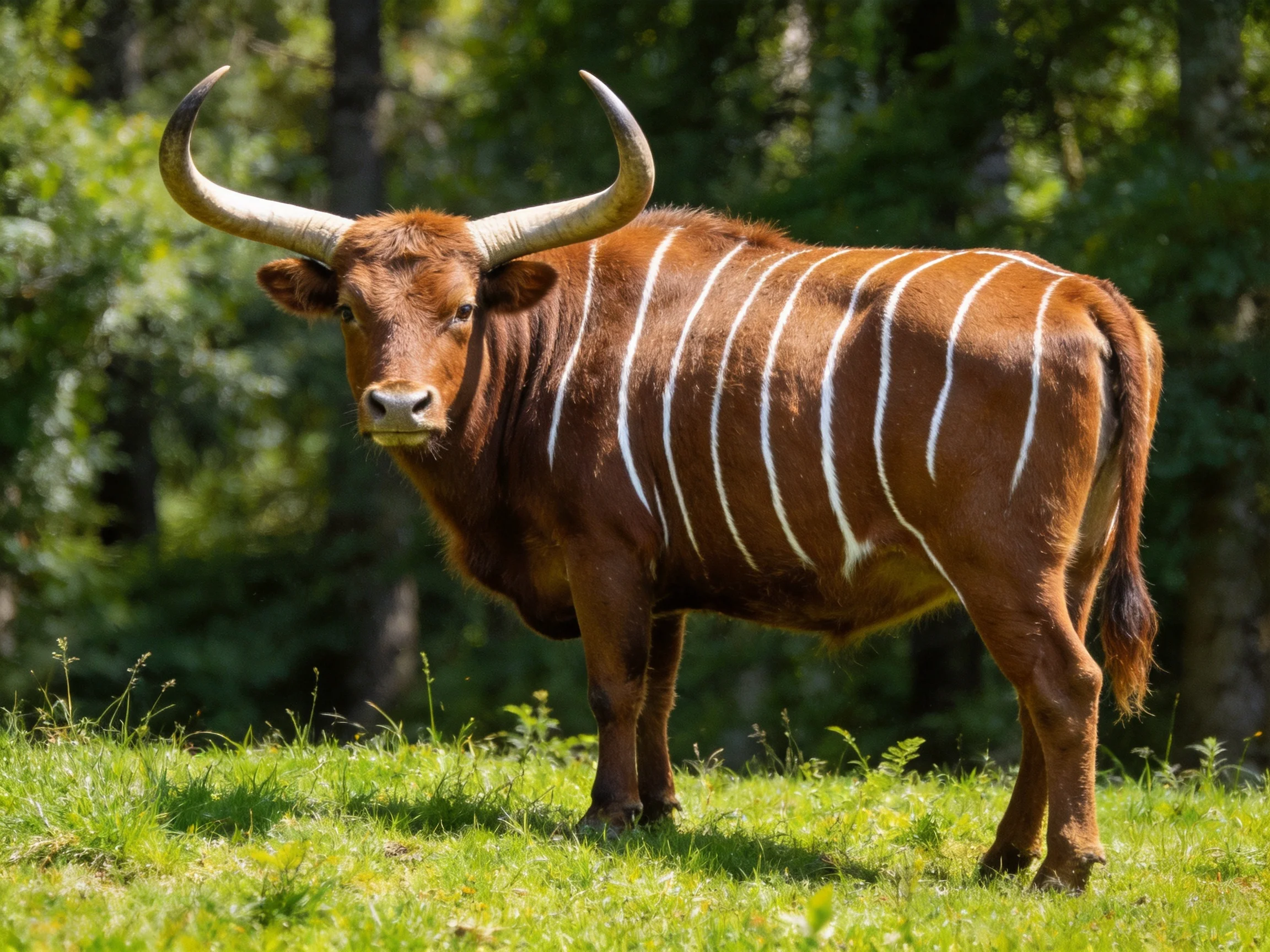 A brown striped bovine with large curved horns on grass