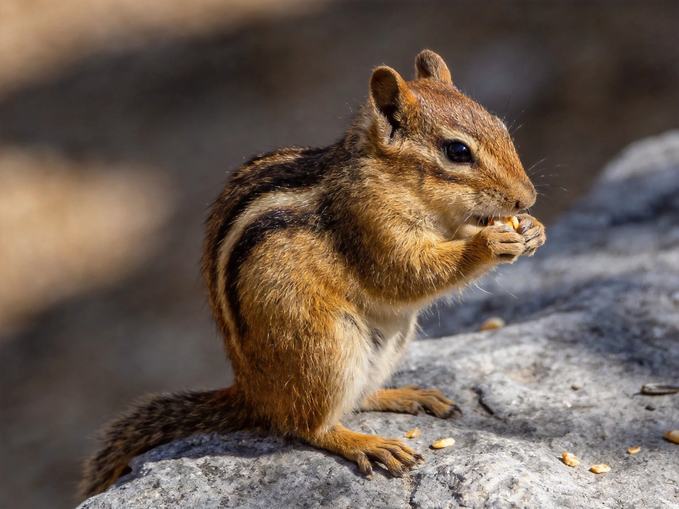 A brown-striped chipmunk eats seeds on a gray rock outdoors