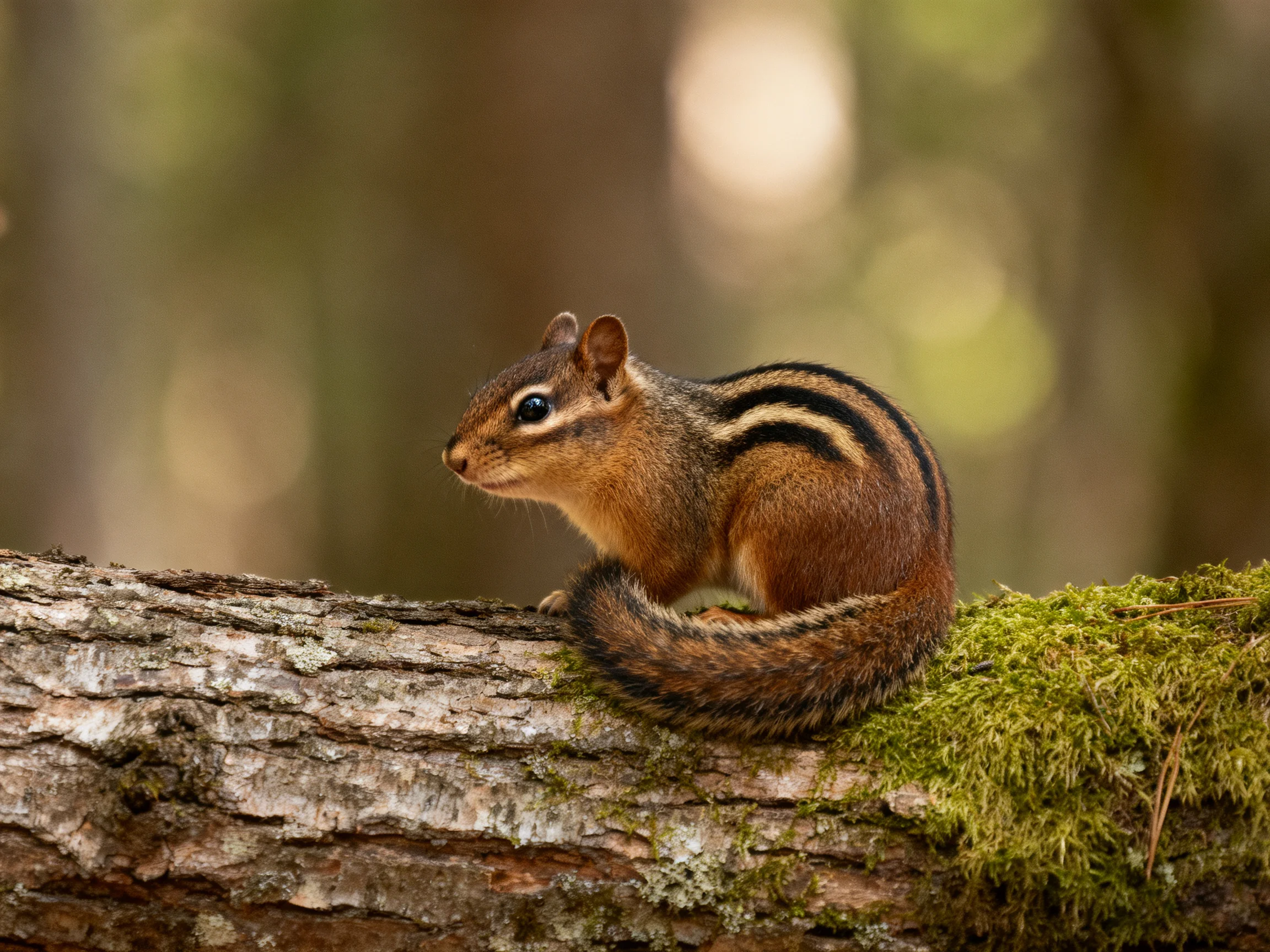 A brown-striped chipmunk on a moss-covered log
