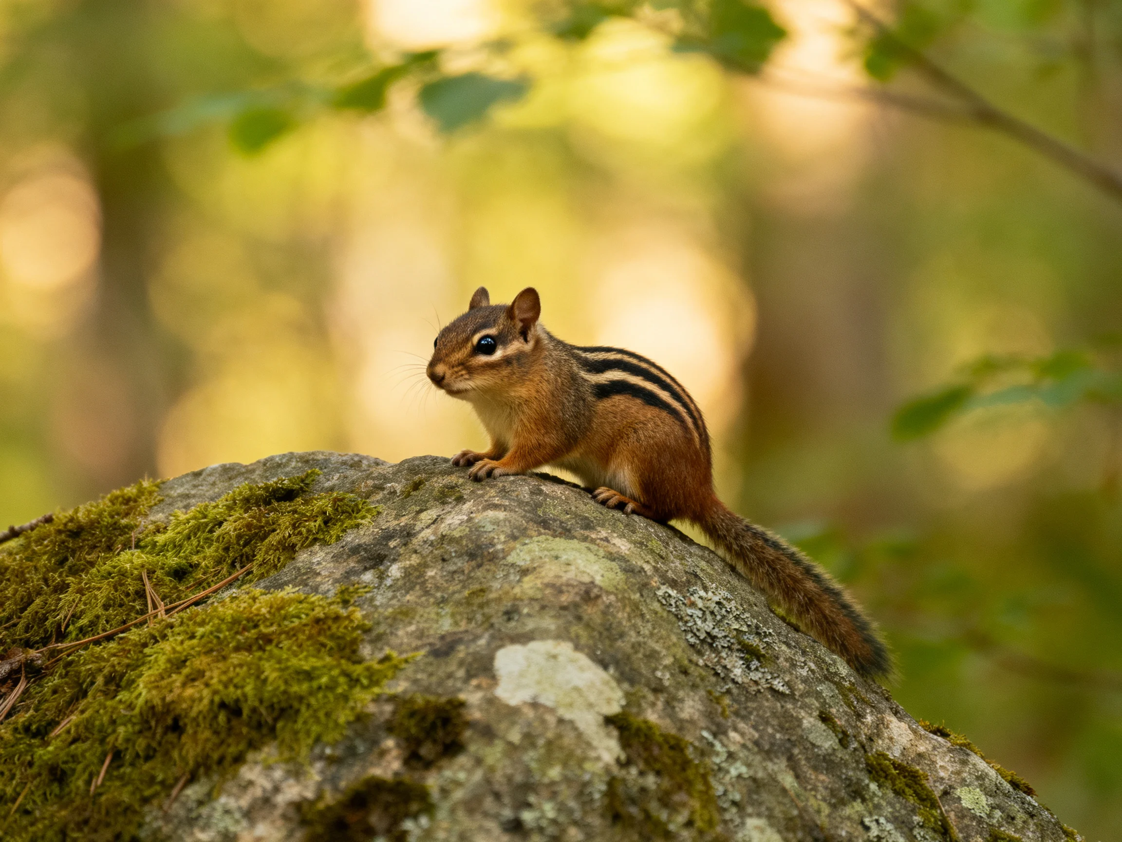 A brown-striped chipmunk perched on a mossy rocky outcrop