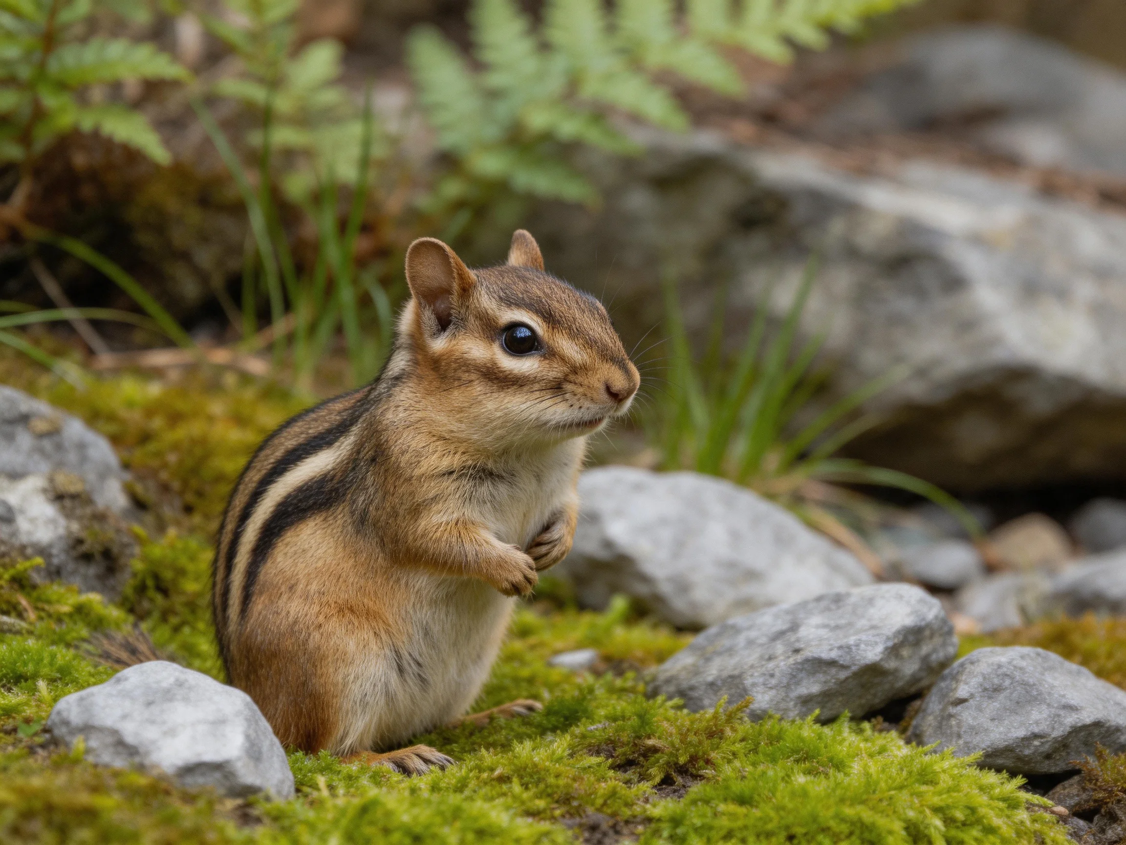 A brown-striped chipmunk perched on mossy ground with rocks and ferns