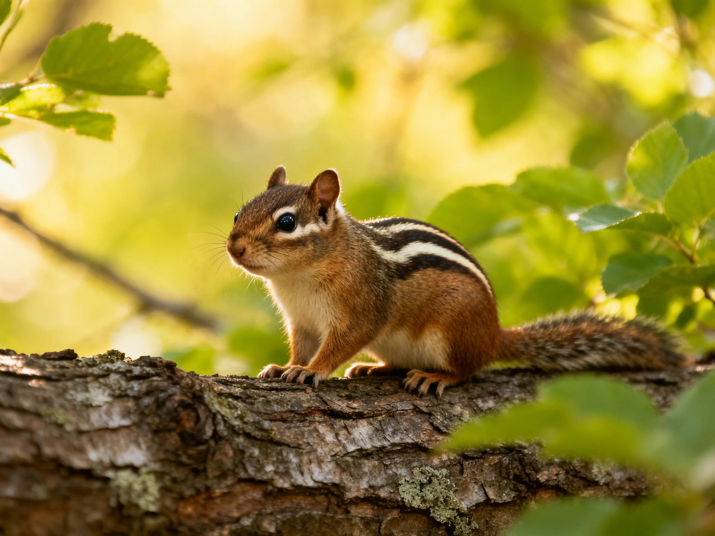 A brown-striped chipmunk perches on a textured tree trunk amid green foliage