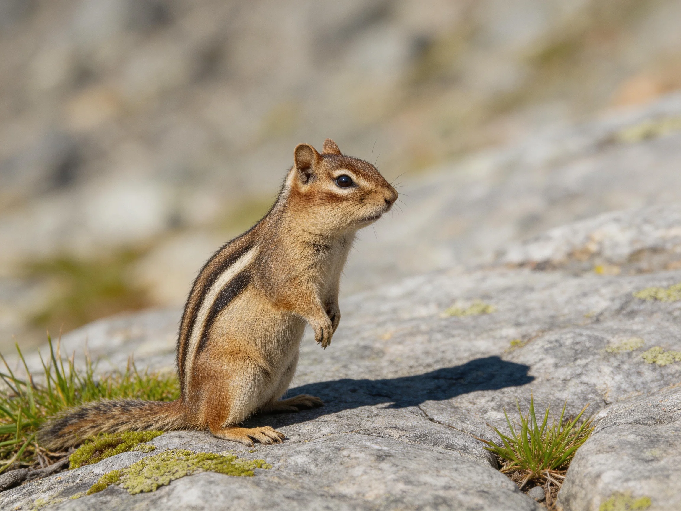 A brown-striped chipmunk stands on a mossy rocky surface