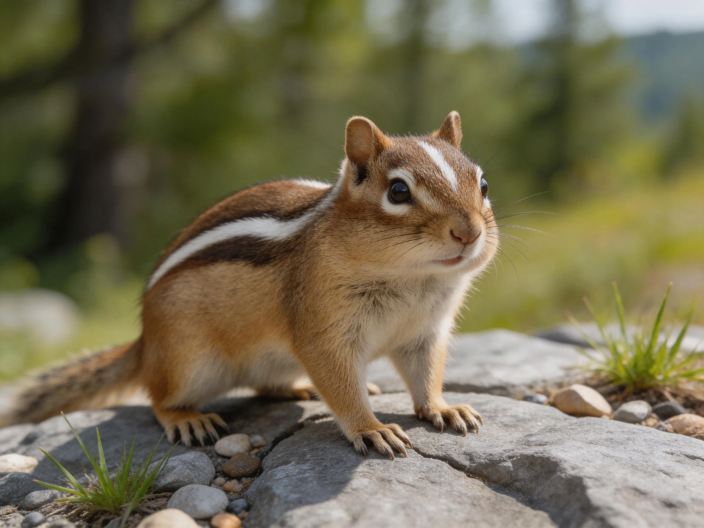 A brown-striped chipmunk stands on gray rocks near greenery