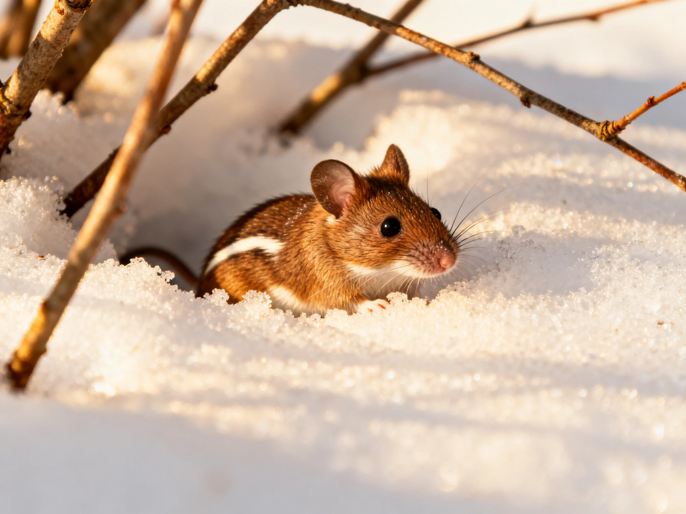 A brown-striped mammal emerges from deep snow near bare branches