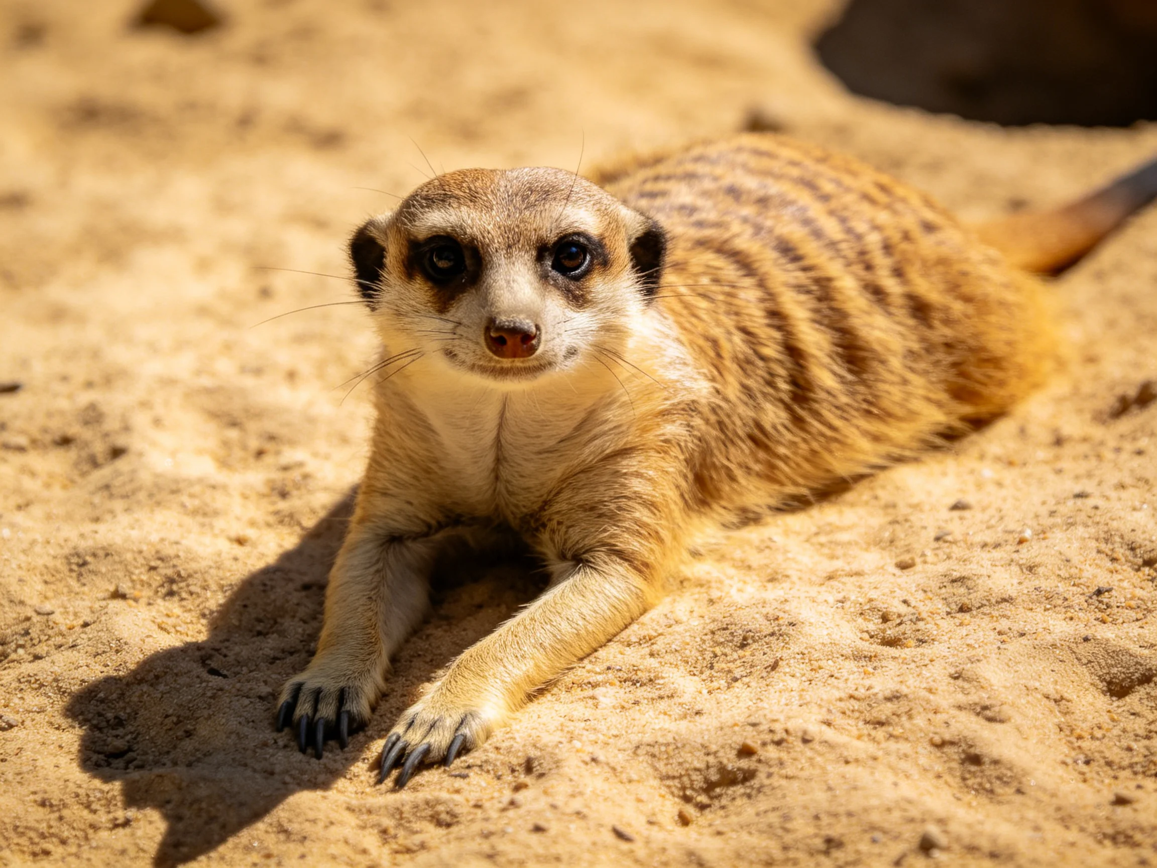 A meerkat with brown stripes rests on sun-baked sandy ground.