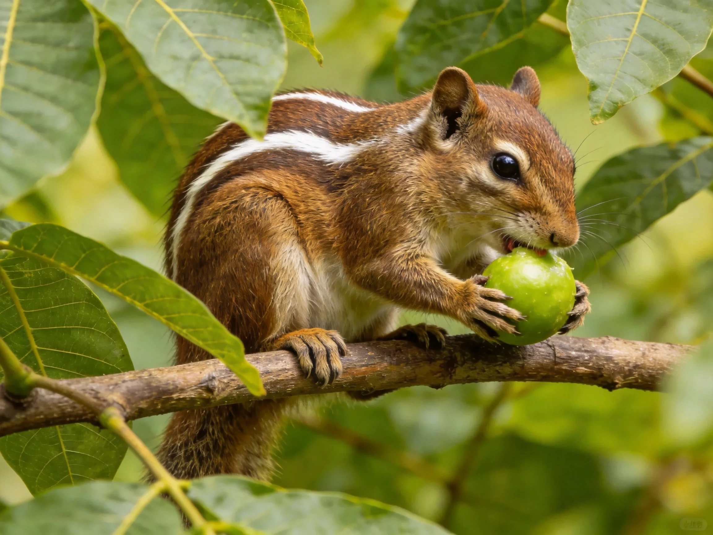 A brown-striped squirrel enjoys a green fruit on a tree branch