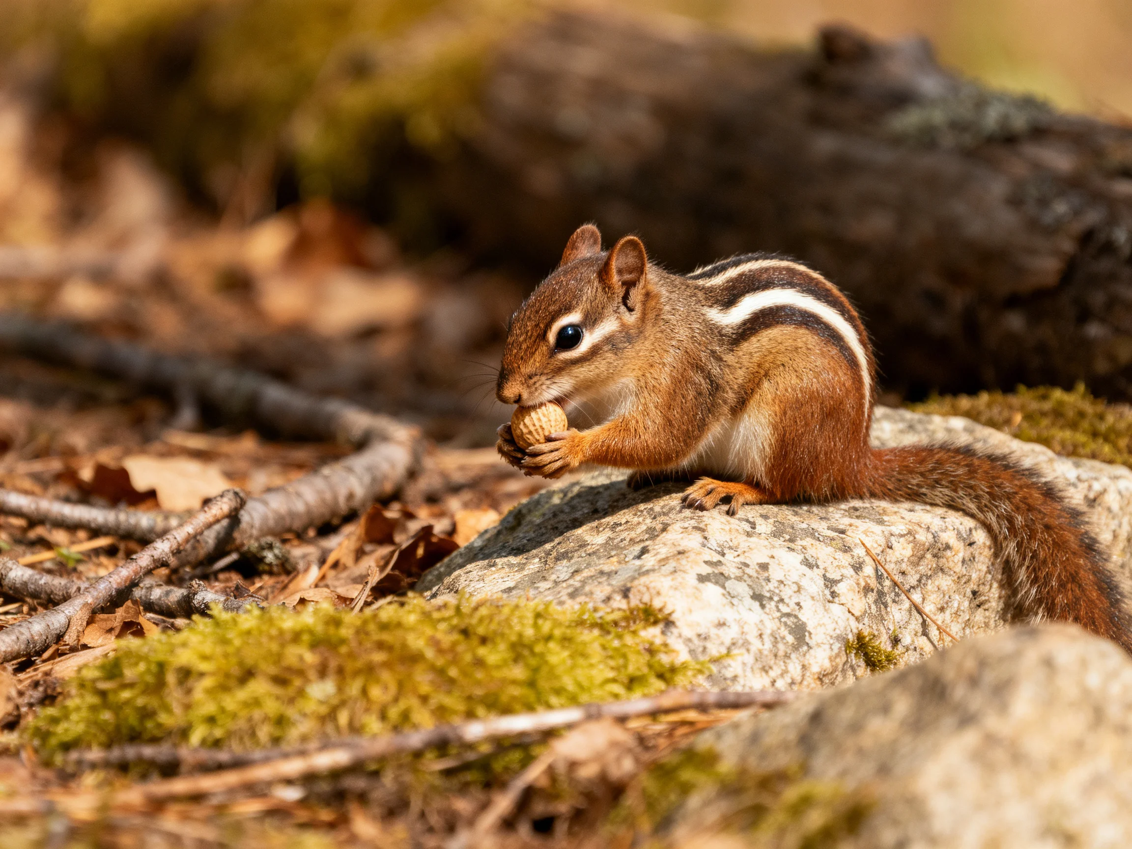 A brown-striped squirrel feeds on a nut among mossy rocks