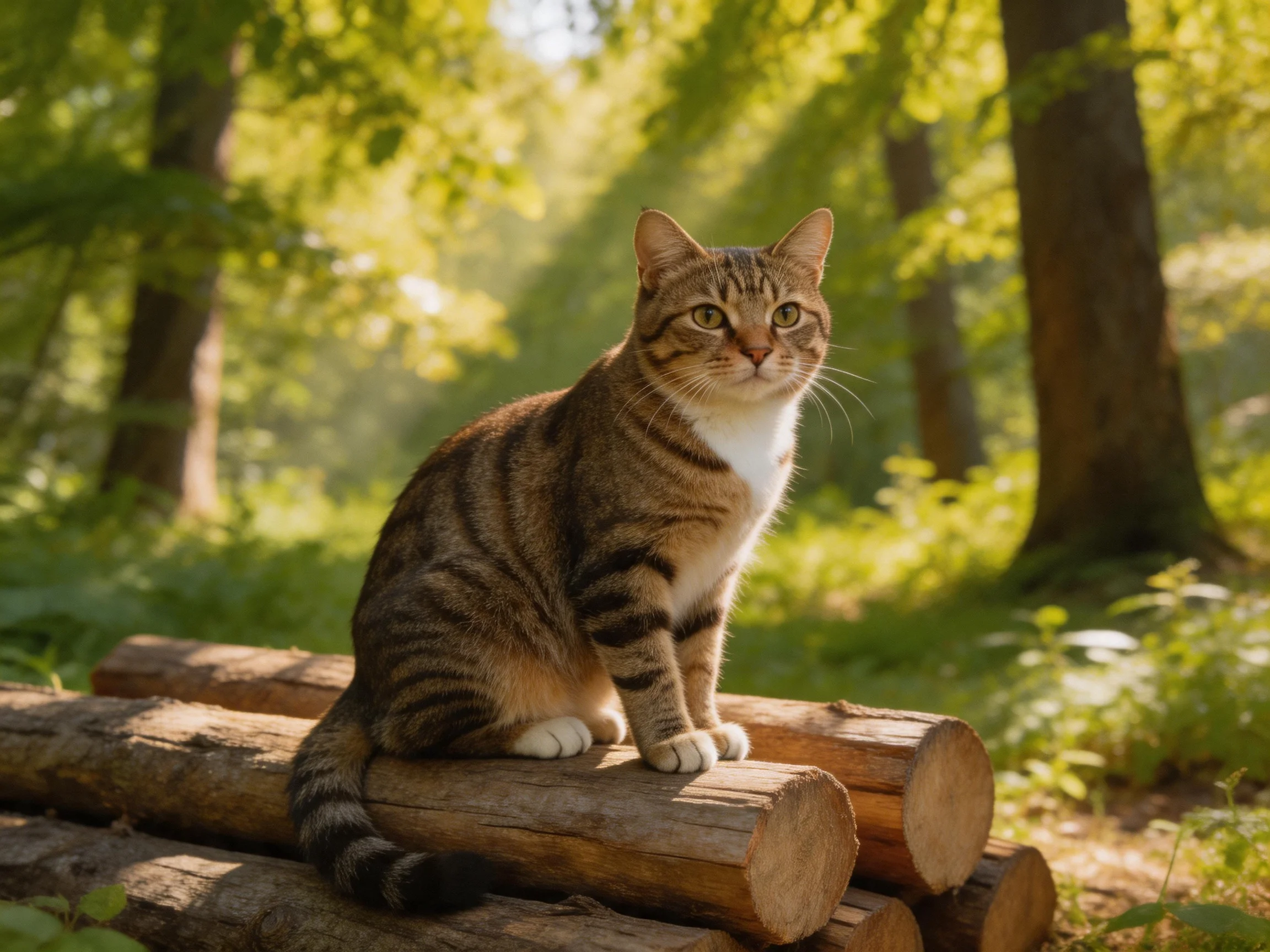 A brown tabby cat sits atop stacked wooden logs in a sunlit forest
