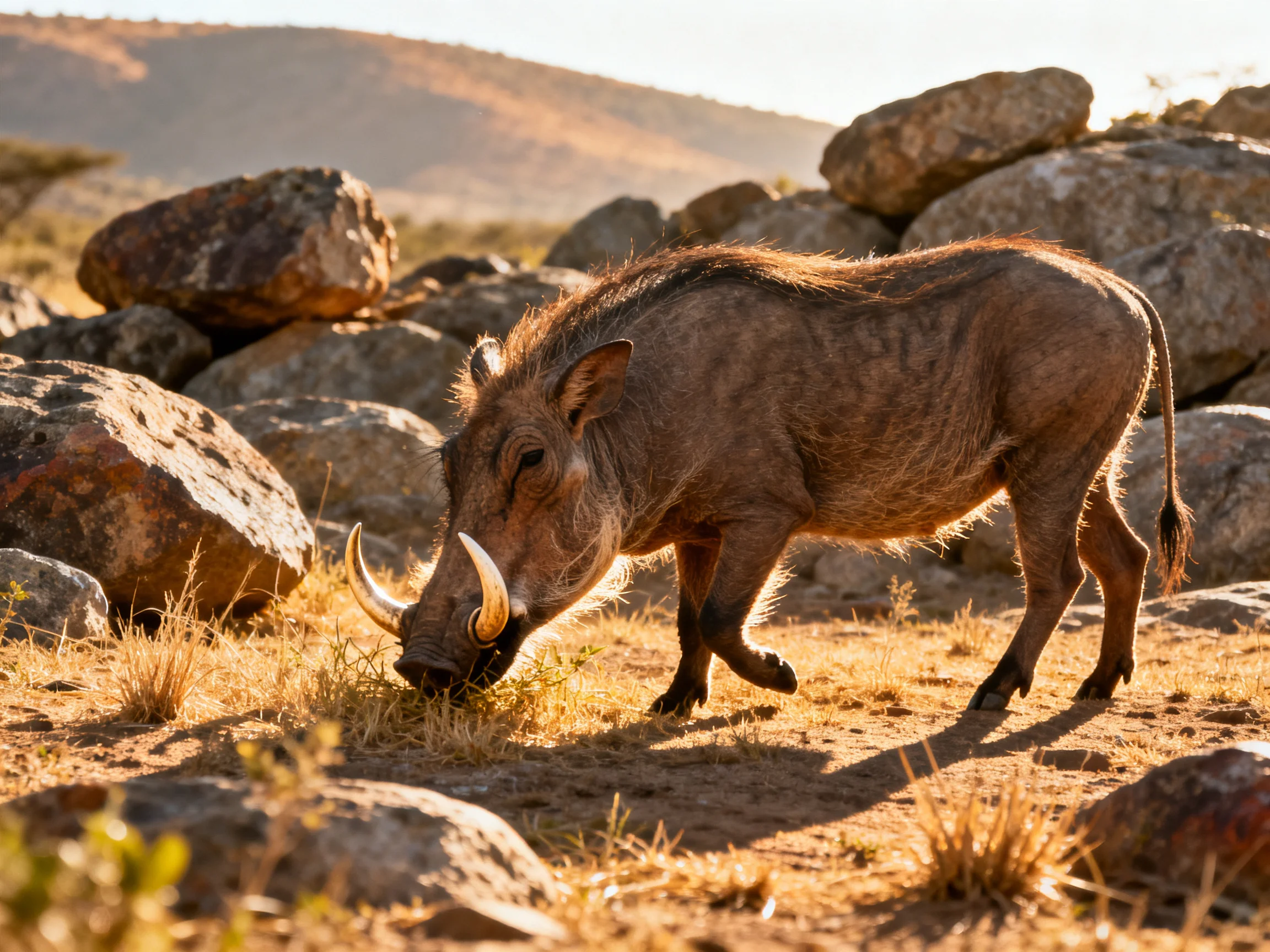 A brown warthog forages near large gray rocks in a dry landscape