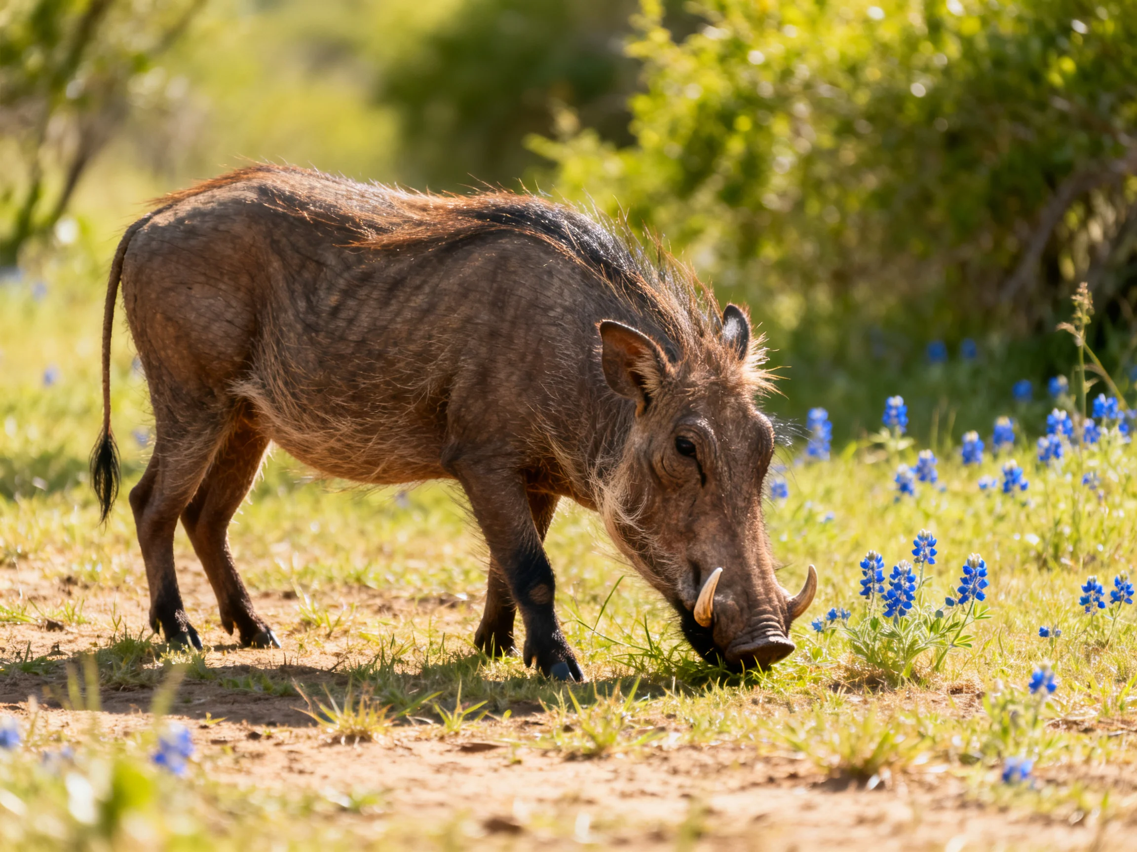 A warthog feeds among blue wildflowers in a sunlit natural setting
