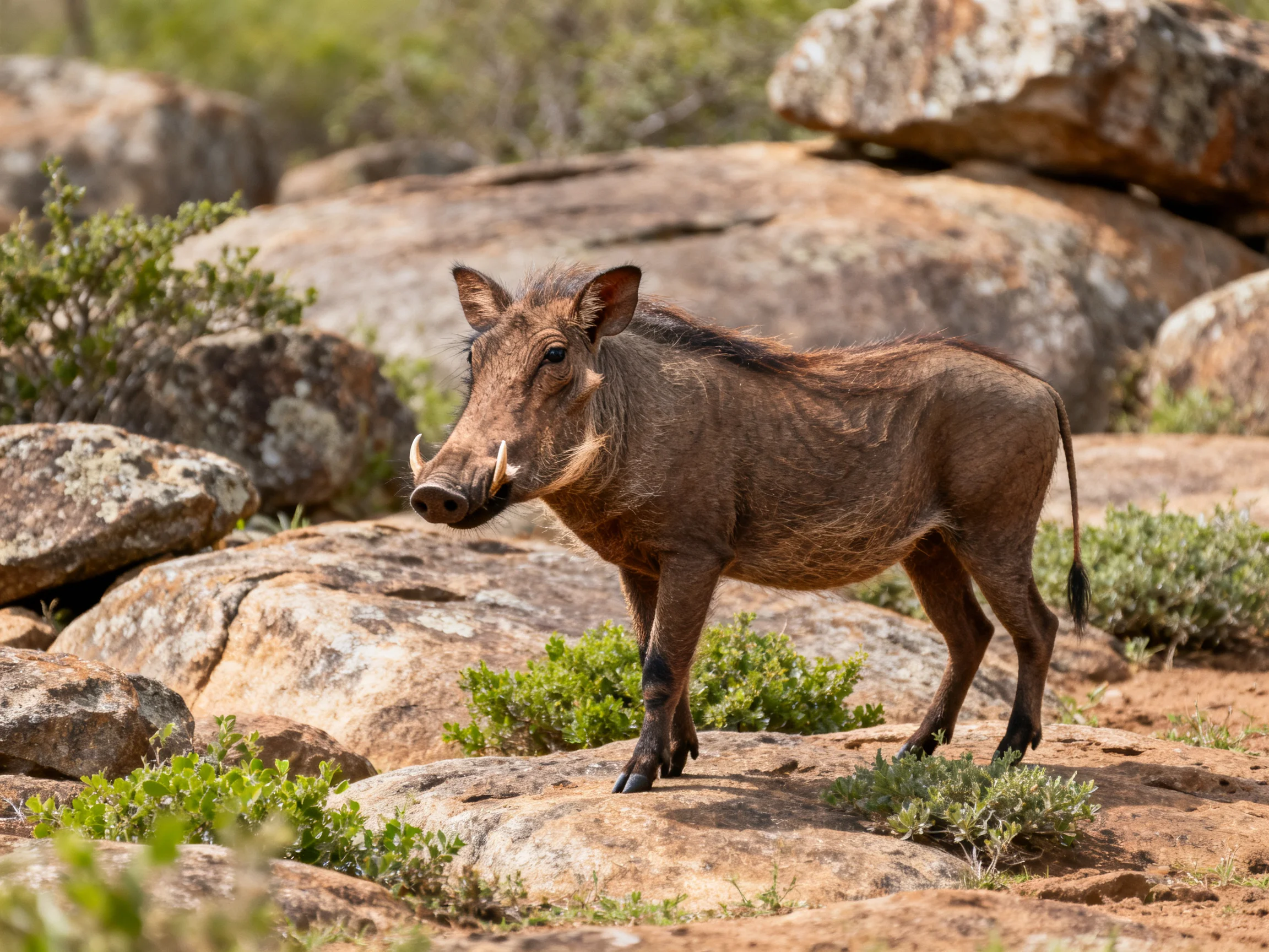 A brown warthog near large rocks and sparse greenery