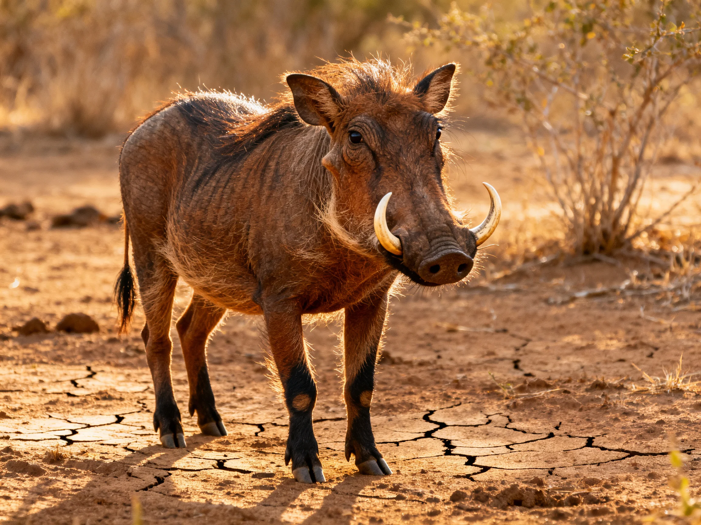 A brown warthog with curved tusks stands on cracked earth in a dry setting.