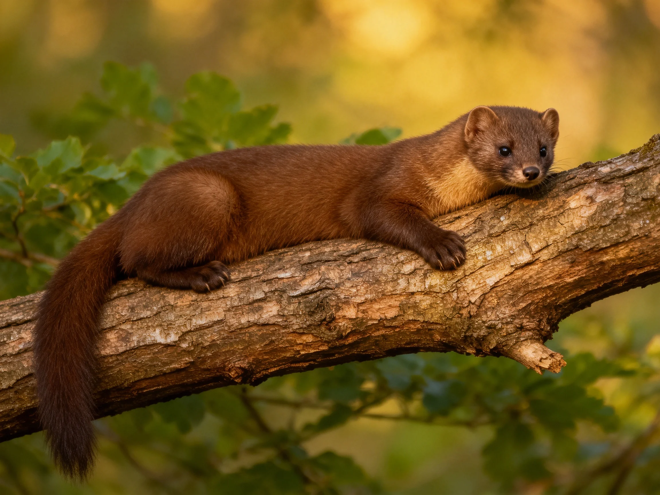 A brown weasel rests on a gnarled tree branch amid green foliage