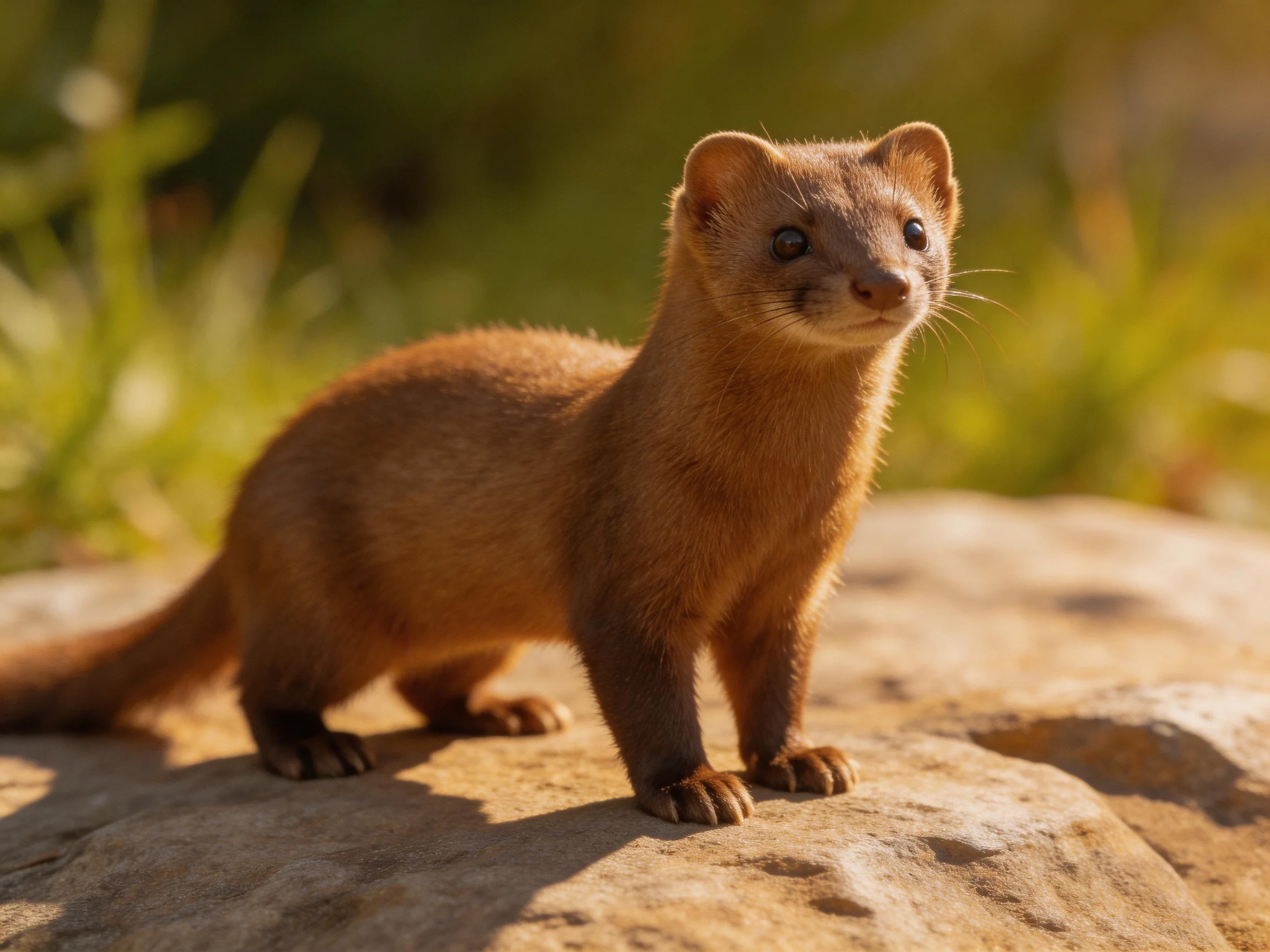 A brown weasel stands on a sunlit rock amid greenery