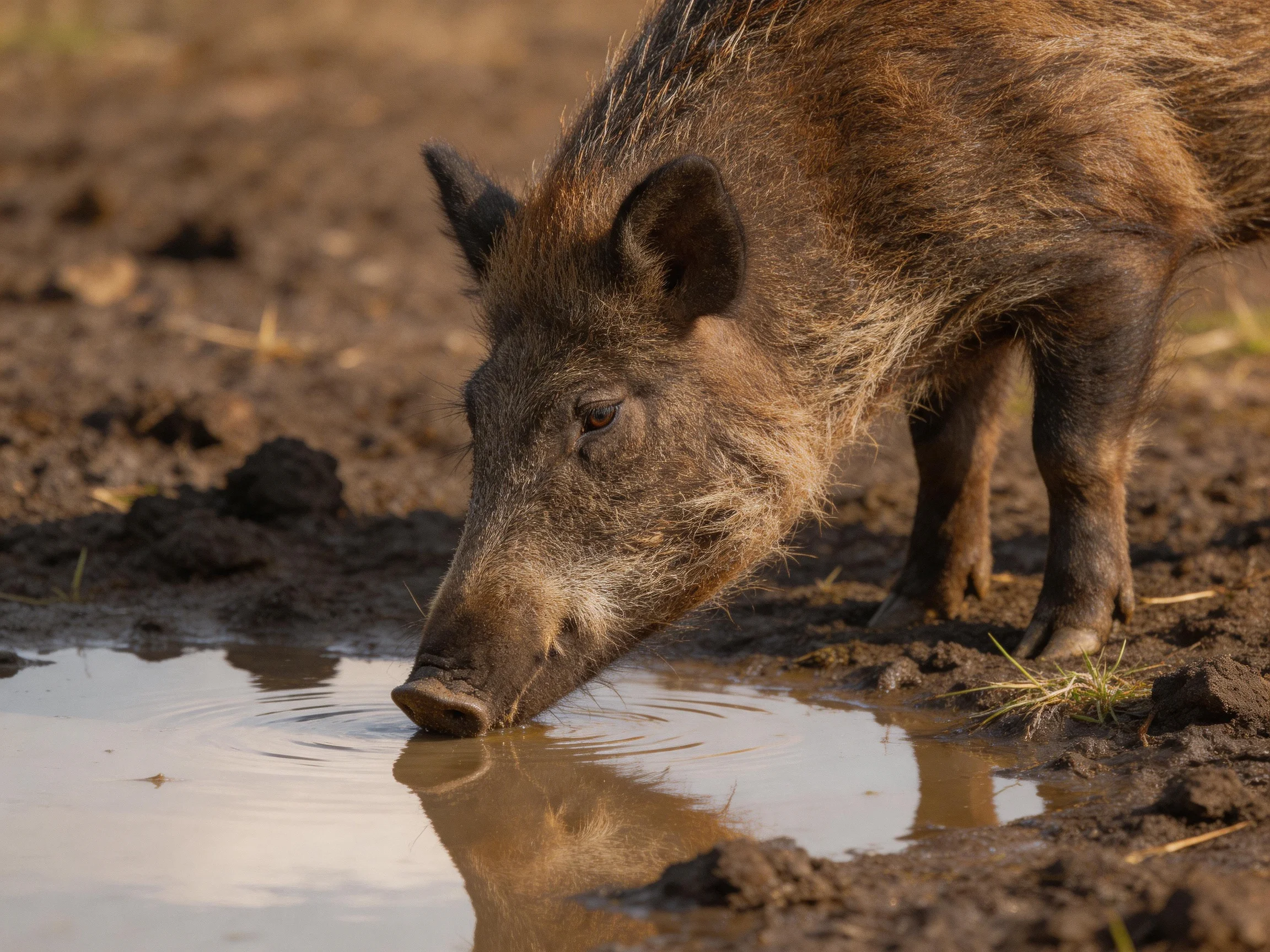 A brown wild boar drinks from a muddy puddle near dry earth