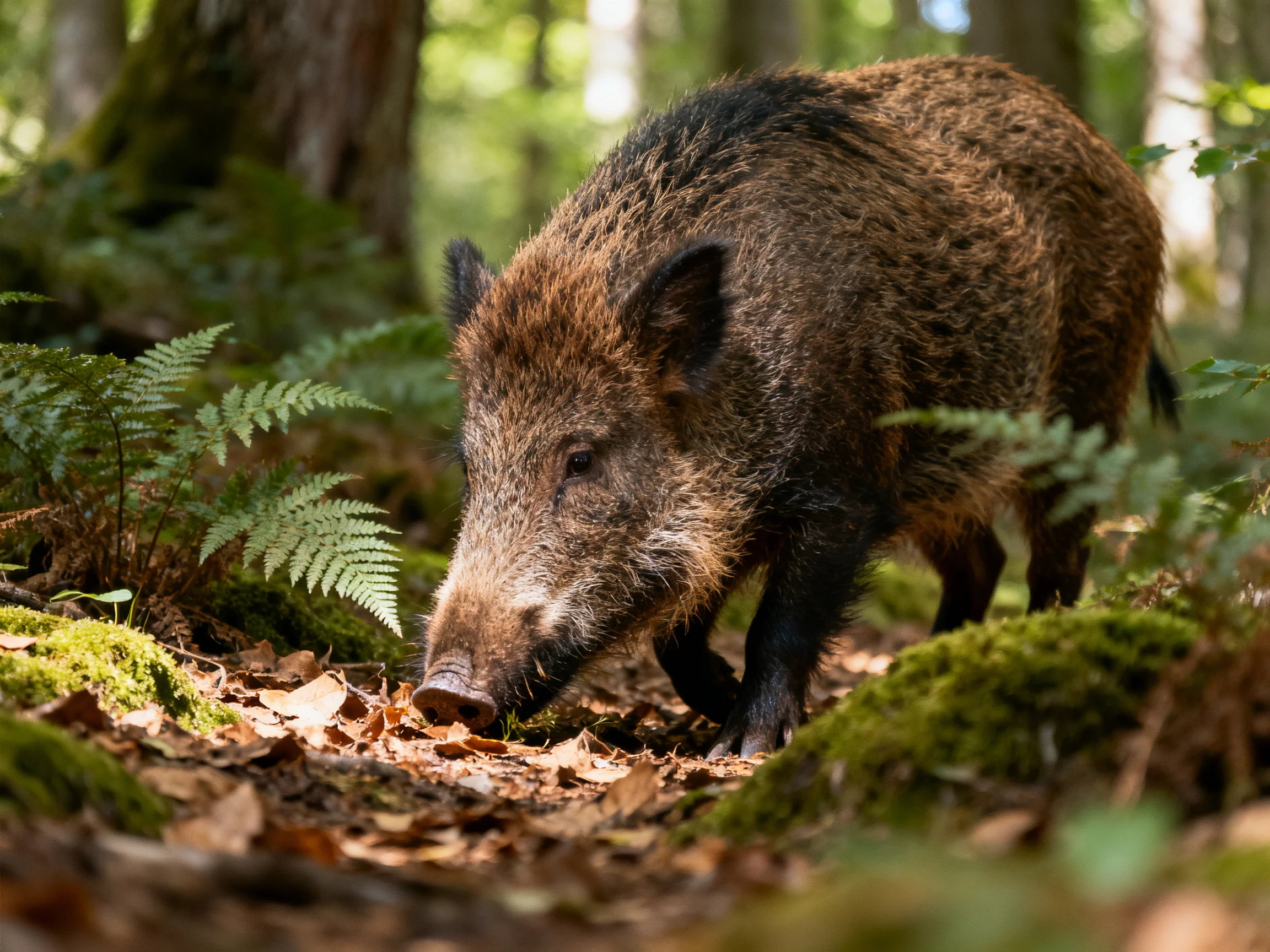 A brown wild boar forages amid lush green ferns and moss-covered logs