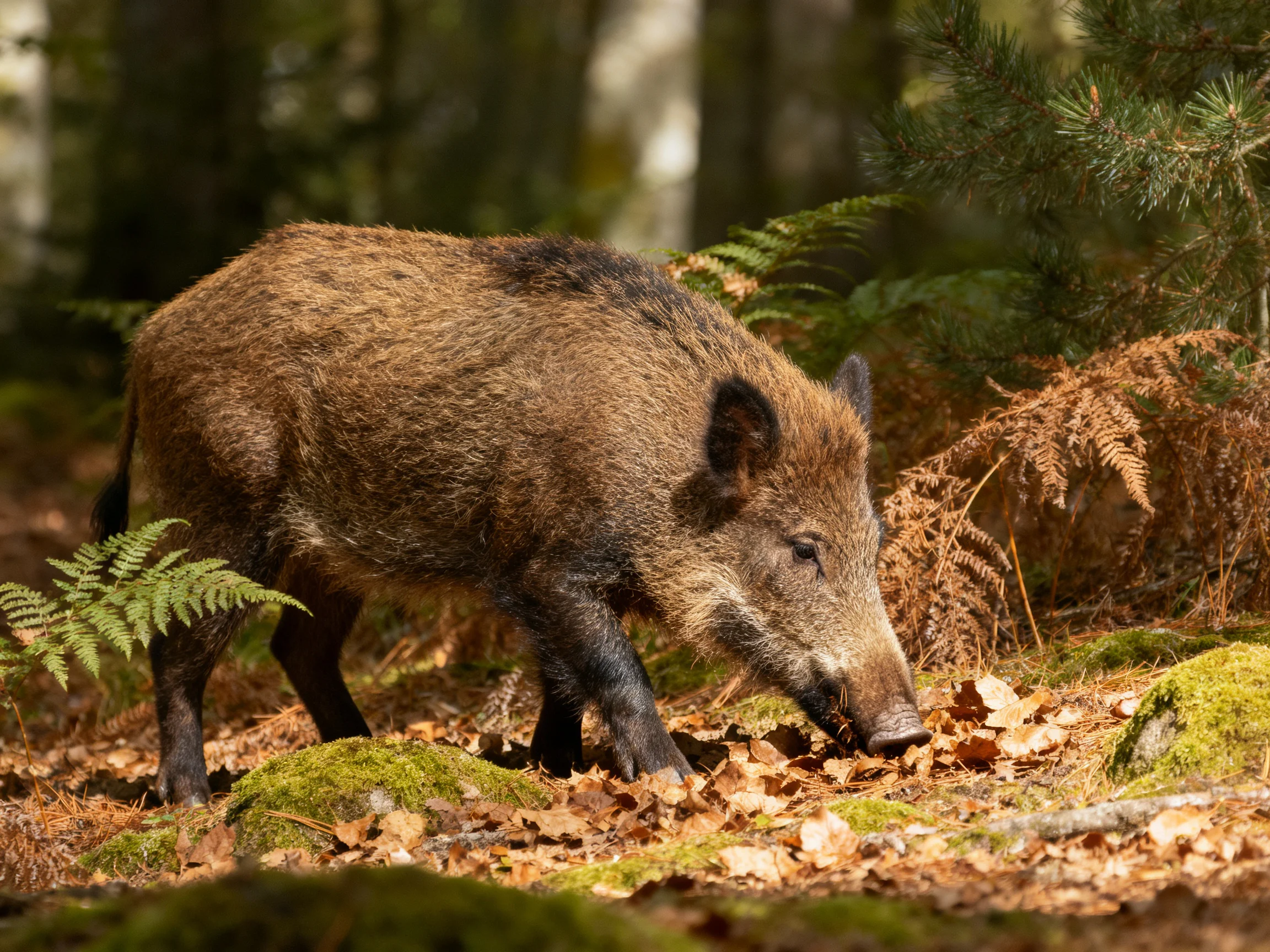 A brown wild boar forages among ferns and fallen leaves in a sunlit forest