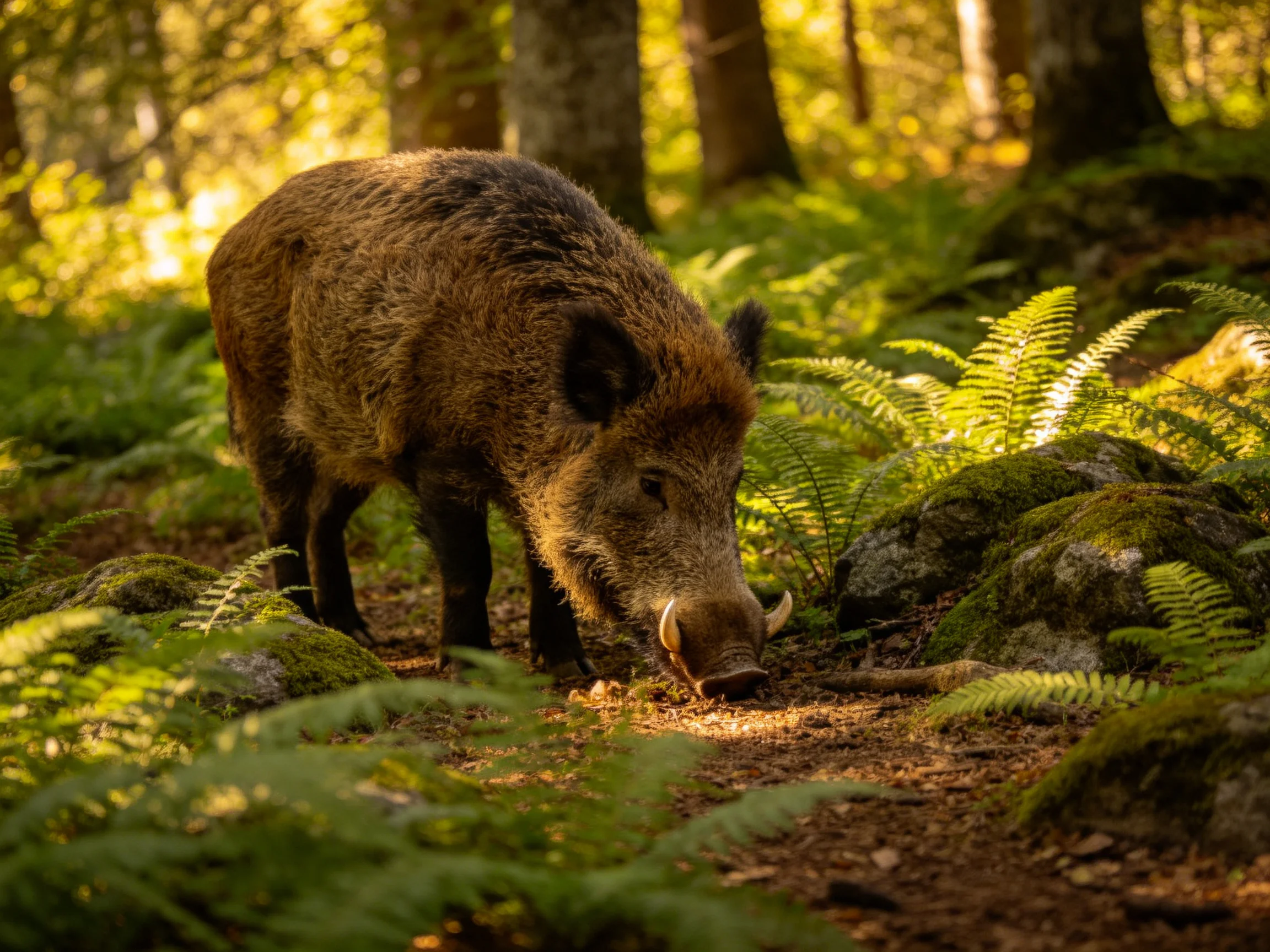 A brown wild boar forages among lush ferns and mossy forest rocks