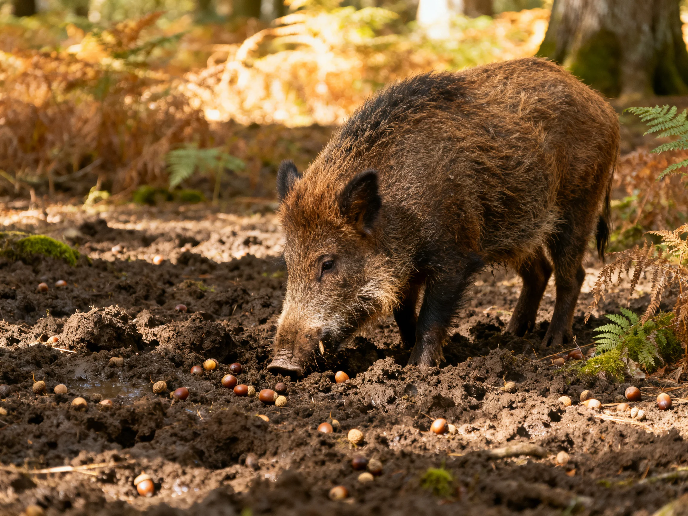 A wild boar searches for food amid nuts in a sunlit forest clearing.