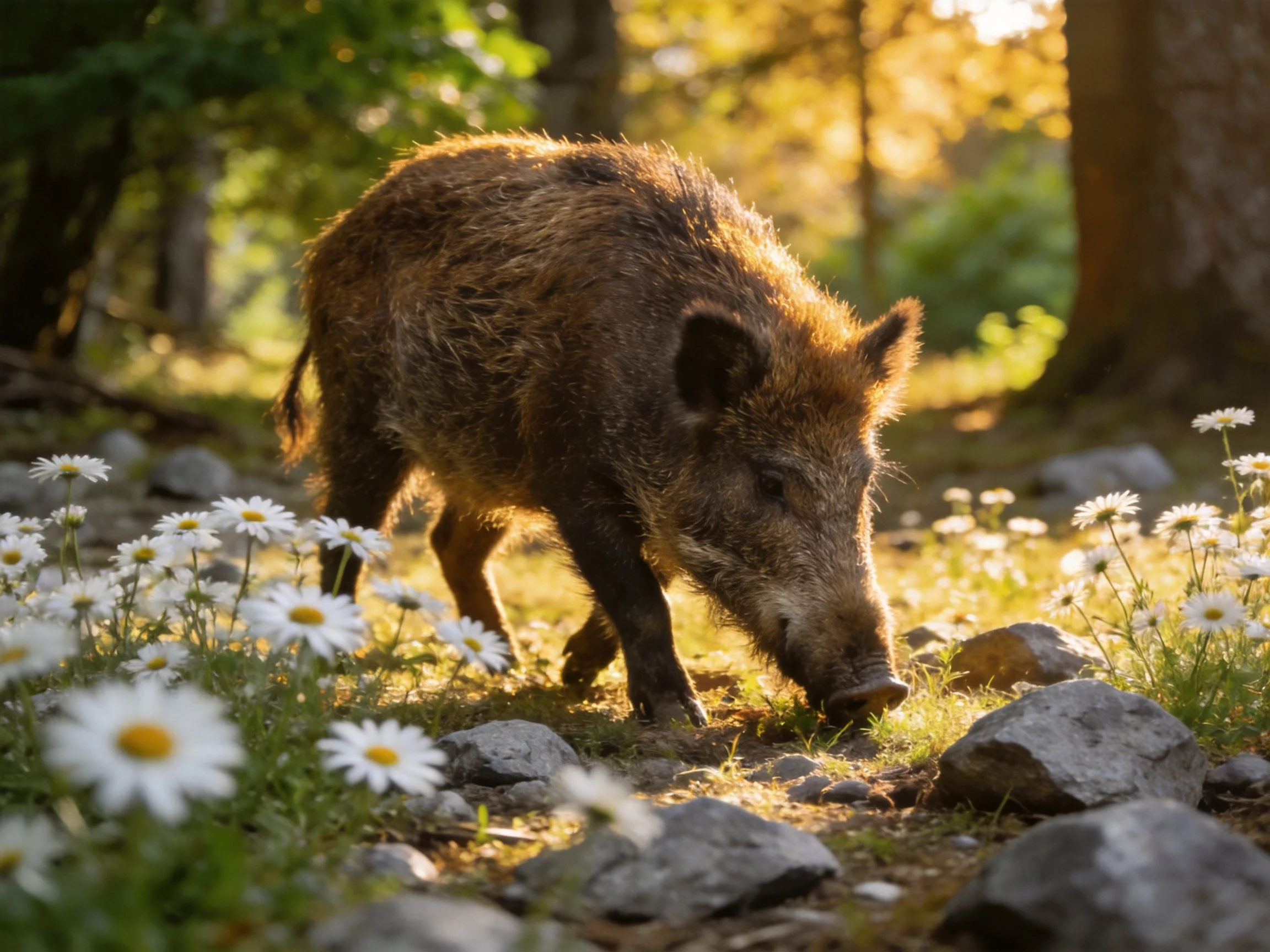 A brown wild boar forages among white daisies and gray rocks in golden light