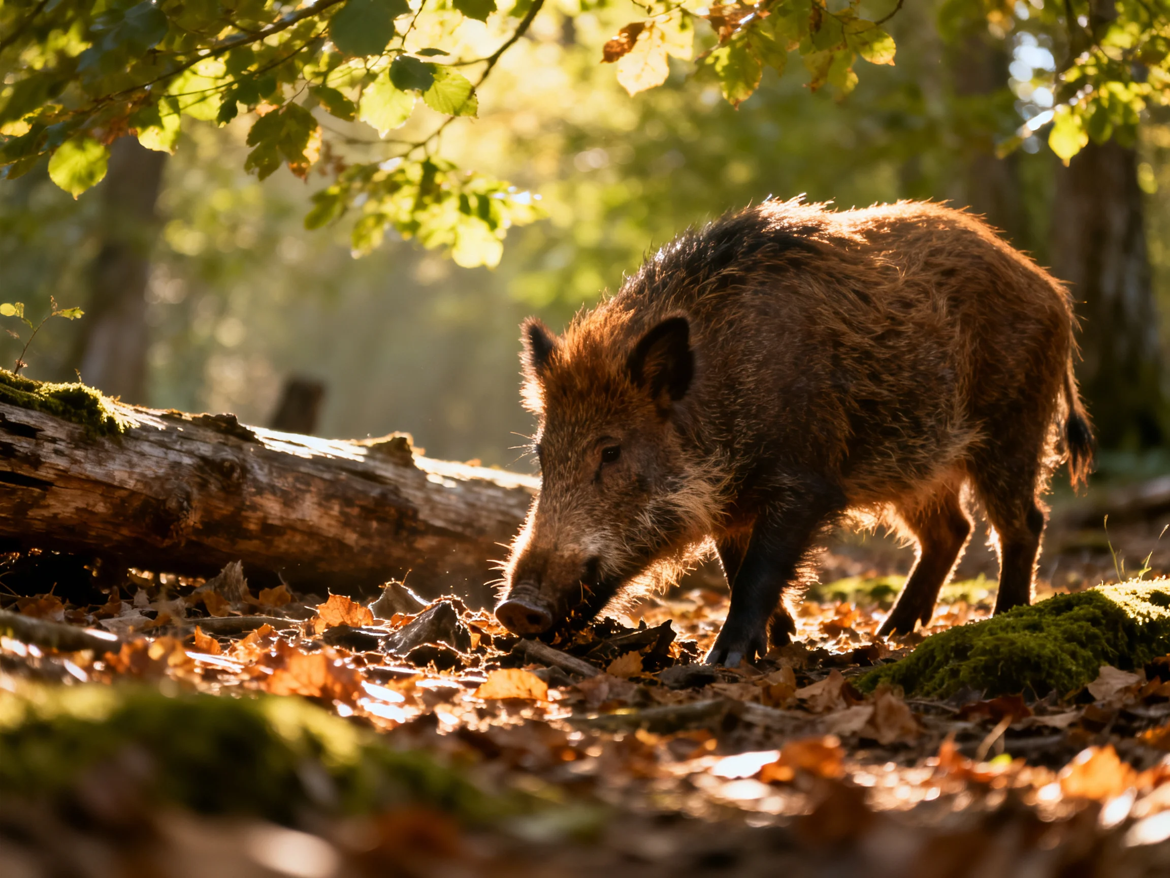 A brown wild boar forages in a sunlit forest with mossy logs and fallen leaves