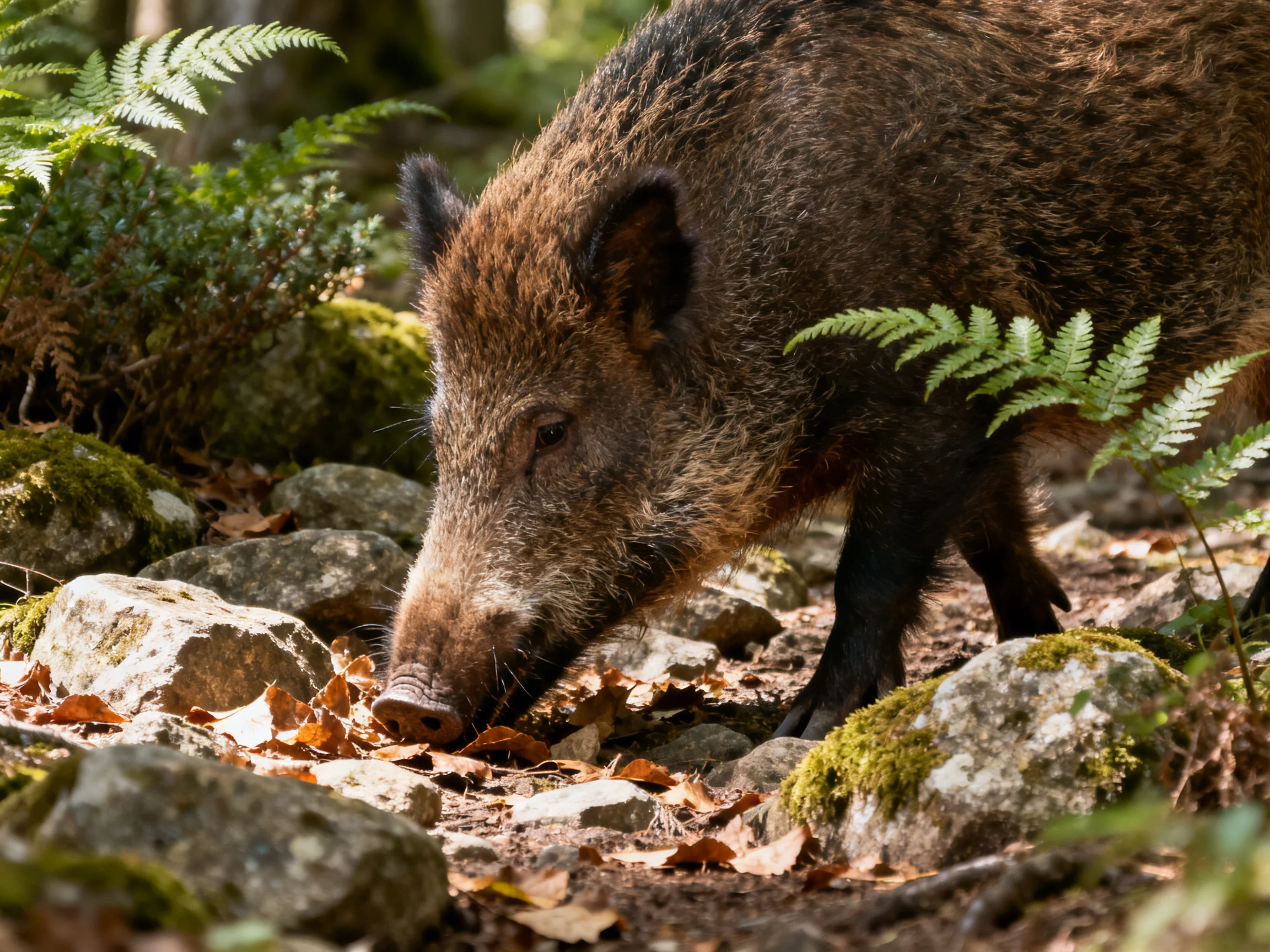 A brown wild boar forages near moss-covered rocks and ferns