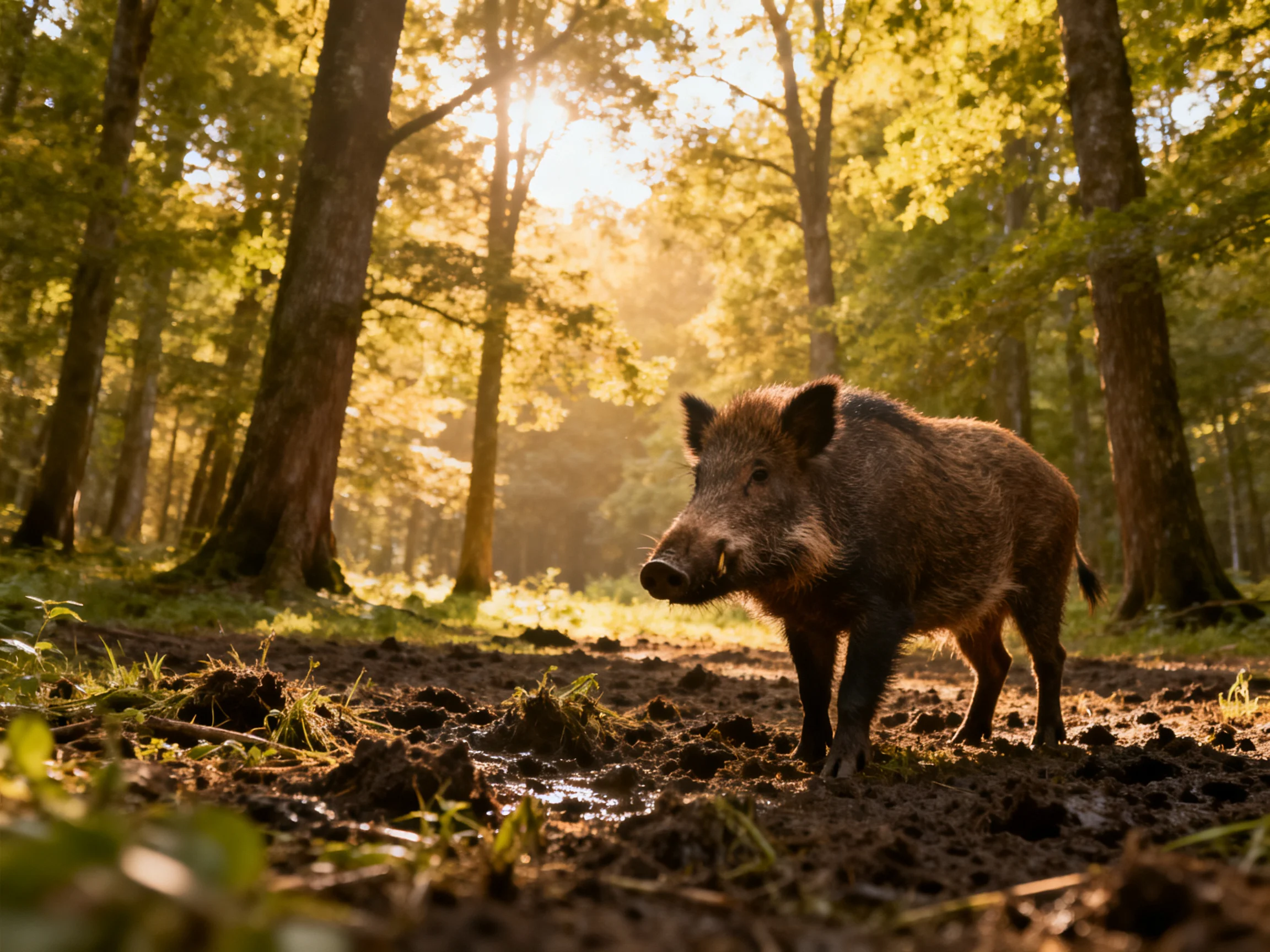 A wild boar stands in a sunlit, muddy forest path amid tall trees.