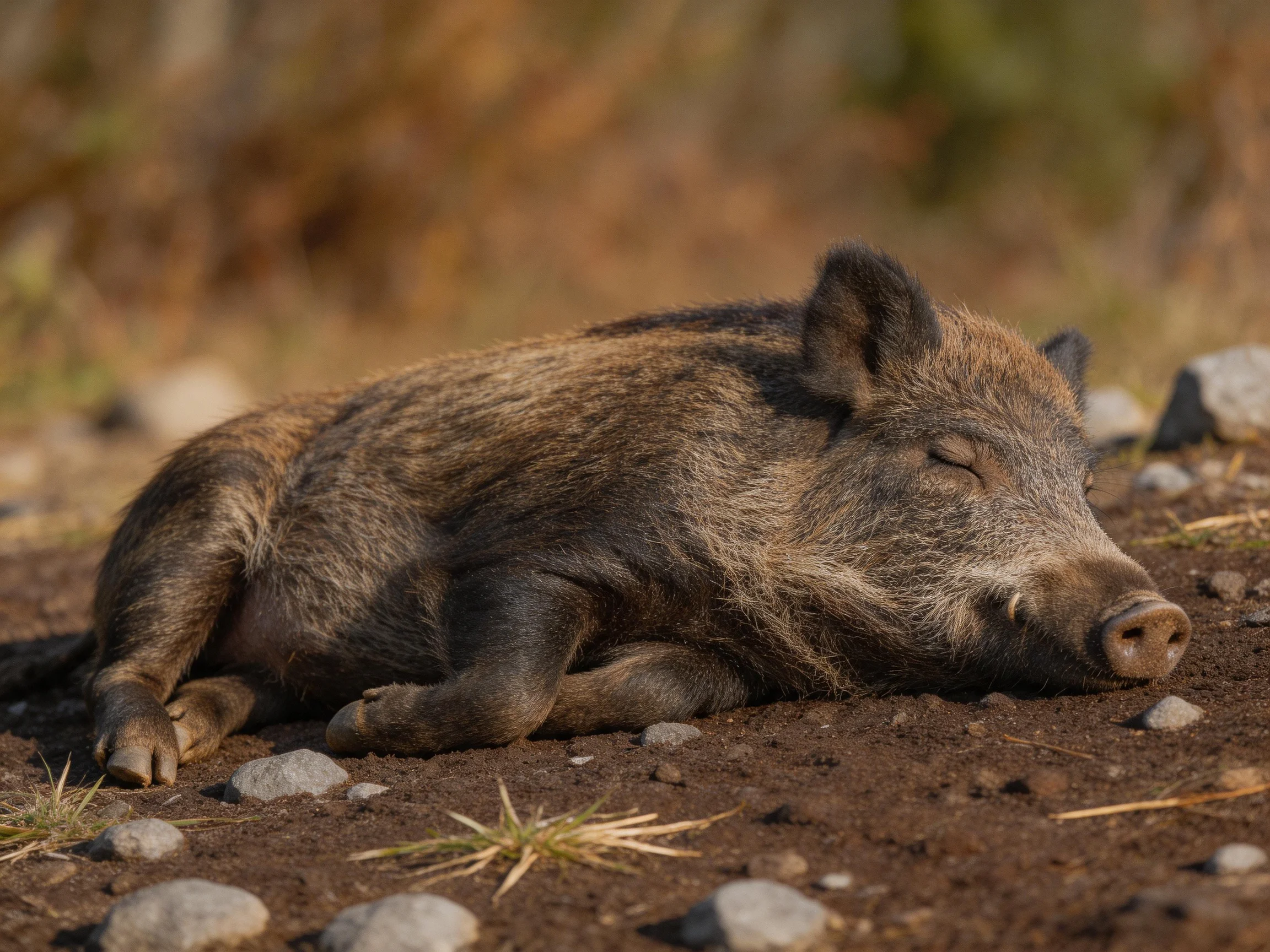 A brown wild boar sleeps on dark earth amid scattered pebbles