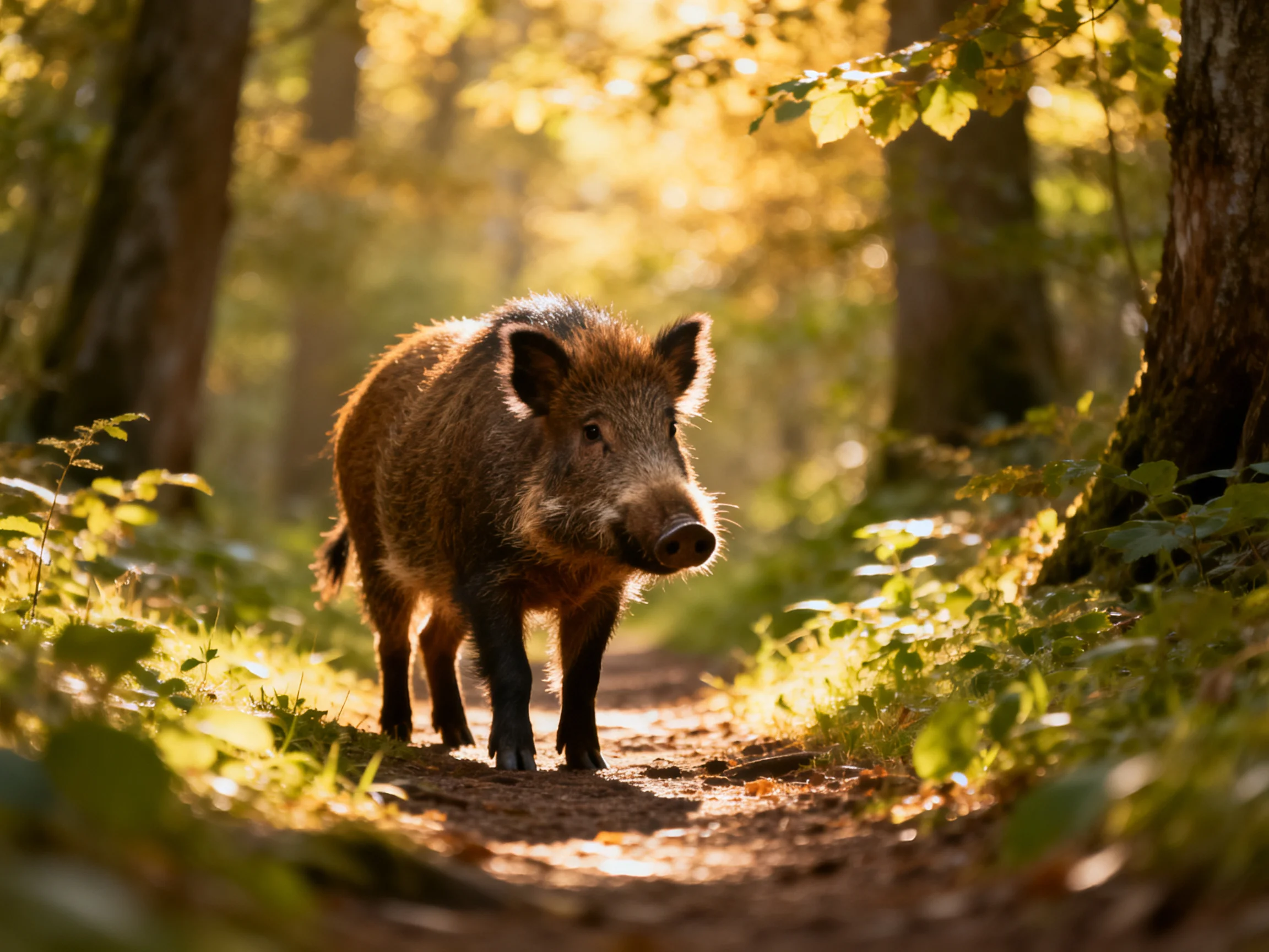 A brown wild boar walks along a sunlit forest path