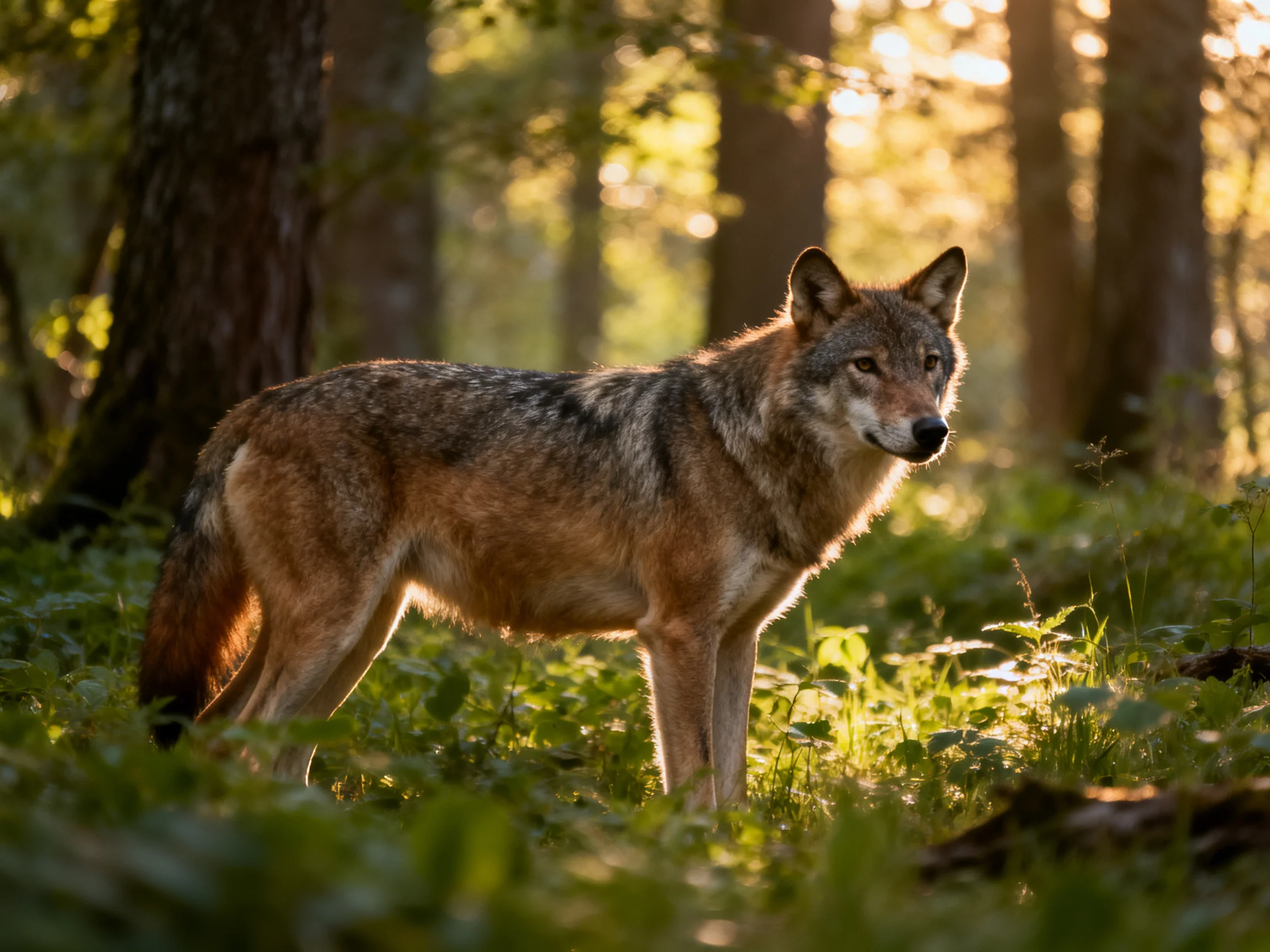 A brown wolf stands alert in a sunlit forest environment.