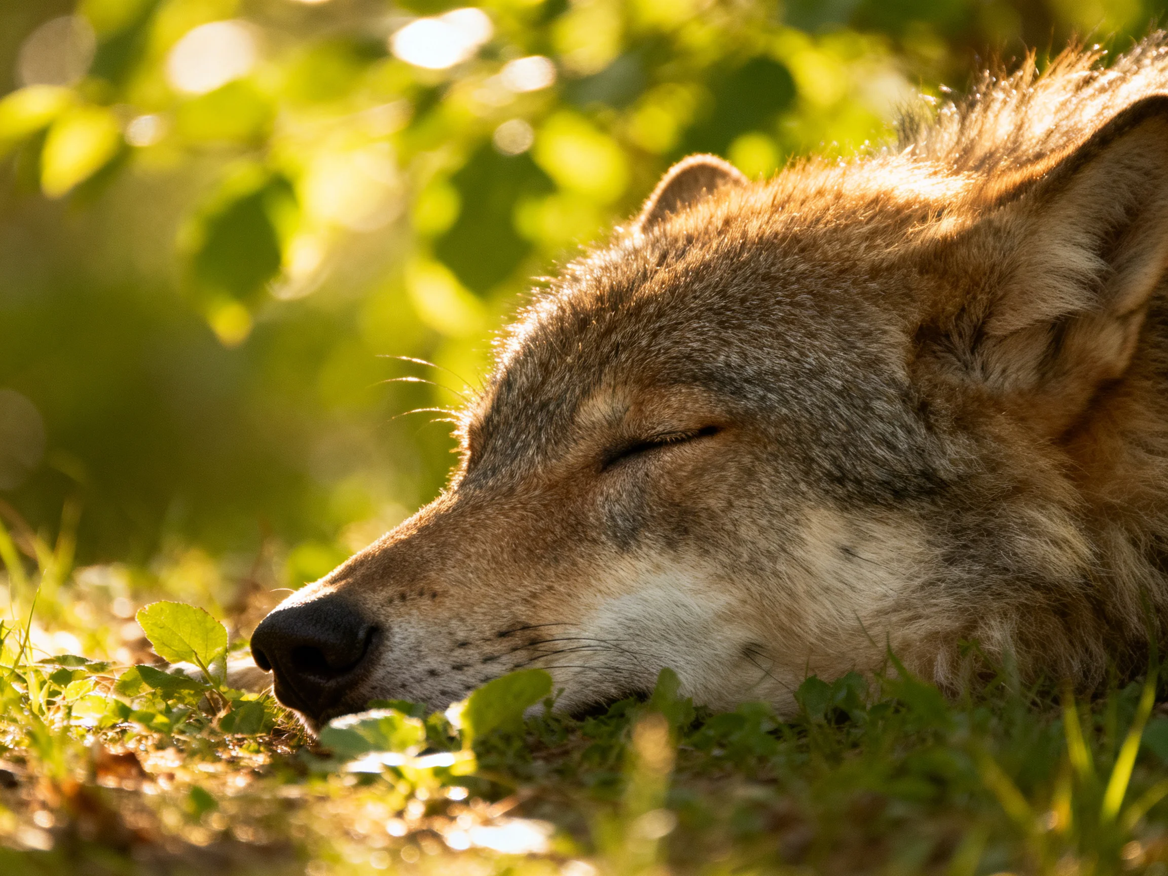A brown wolf rests calmly among green plants bathed in sunlight.