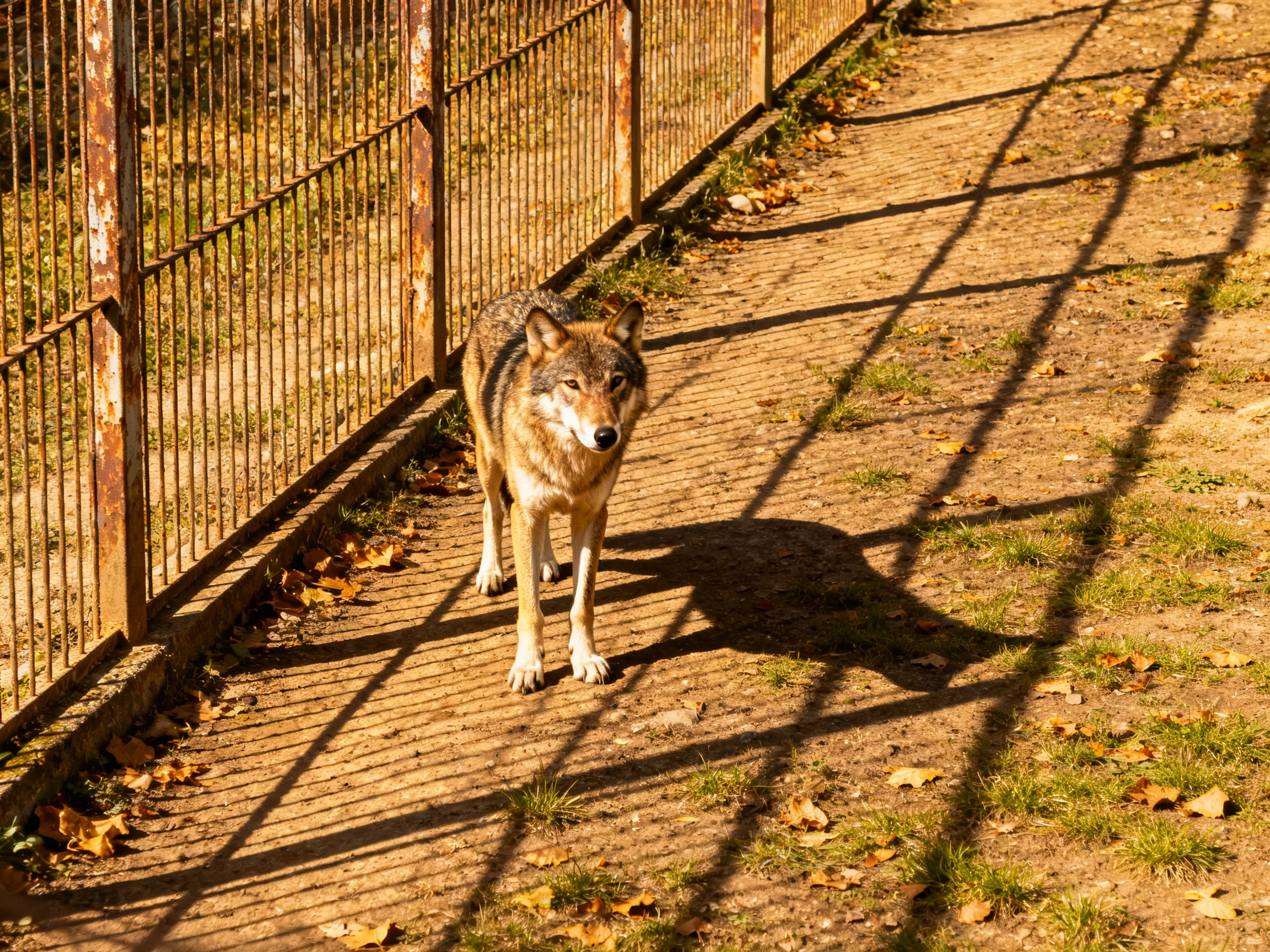 A brown wolf near a rusted fence on a leafy path
