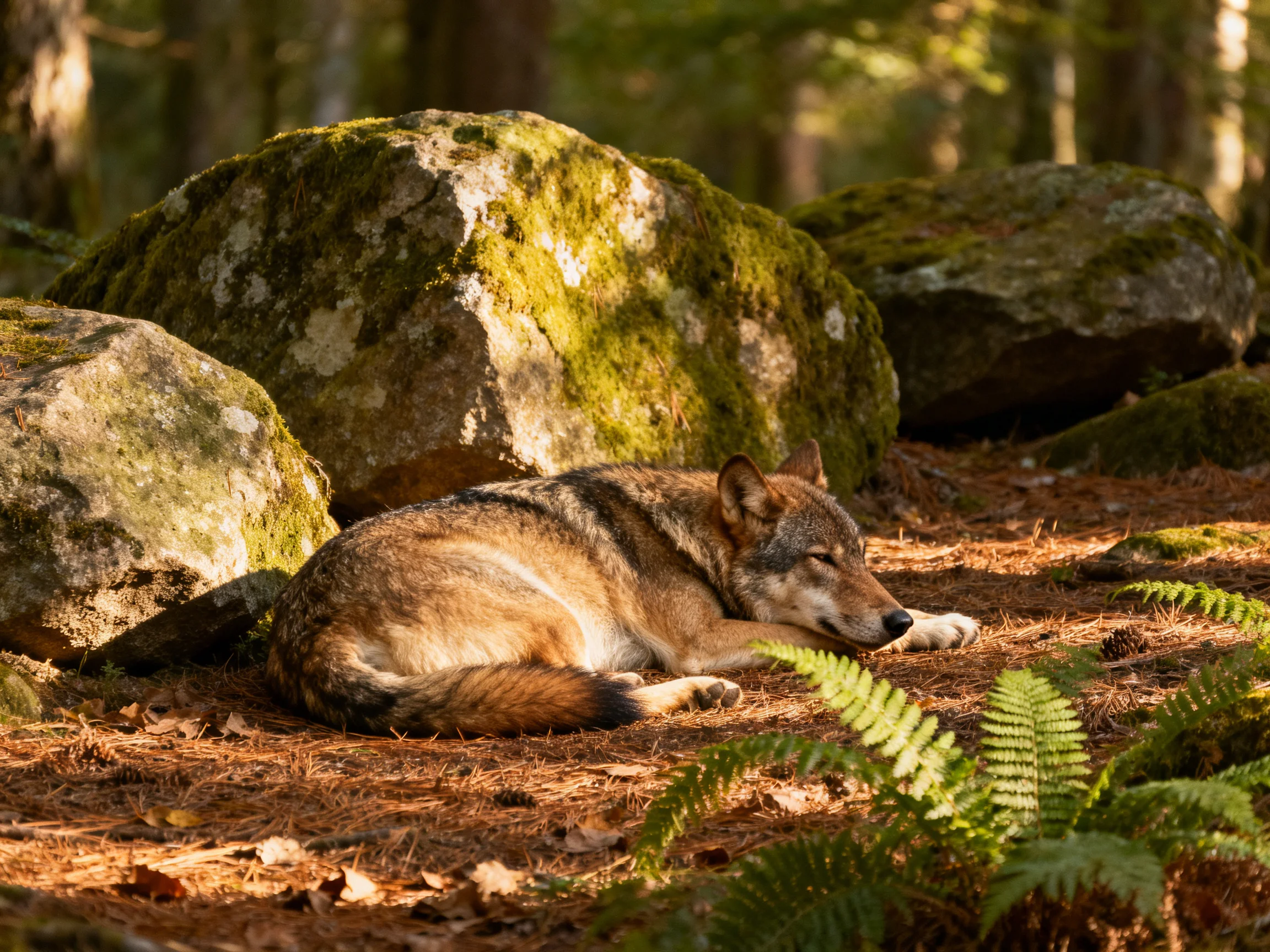 A brown wolf rests near mossy rocks in a sun-dappled forest.
