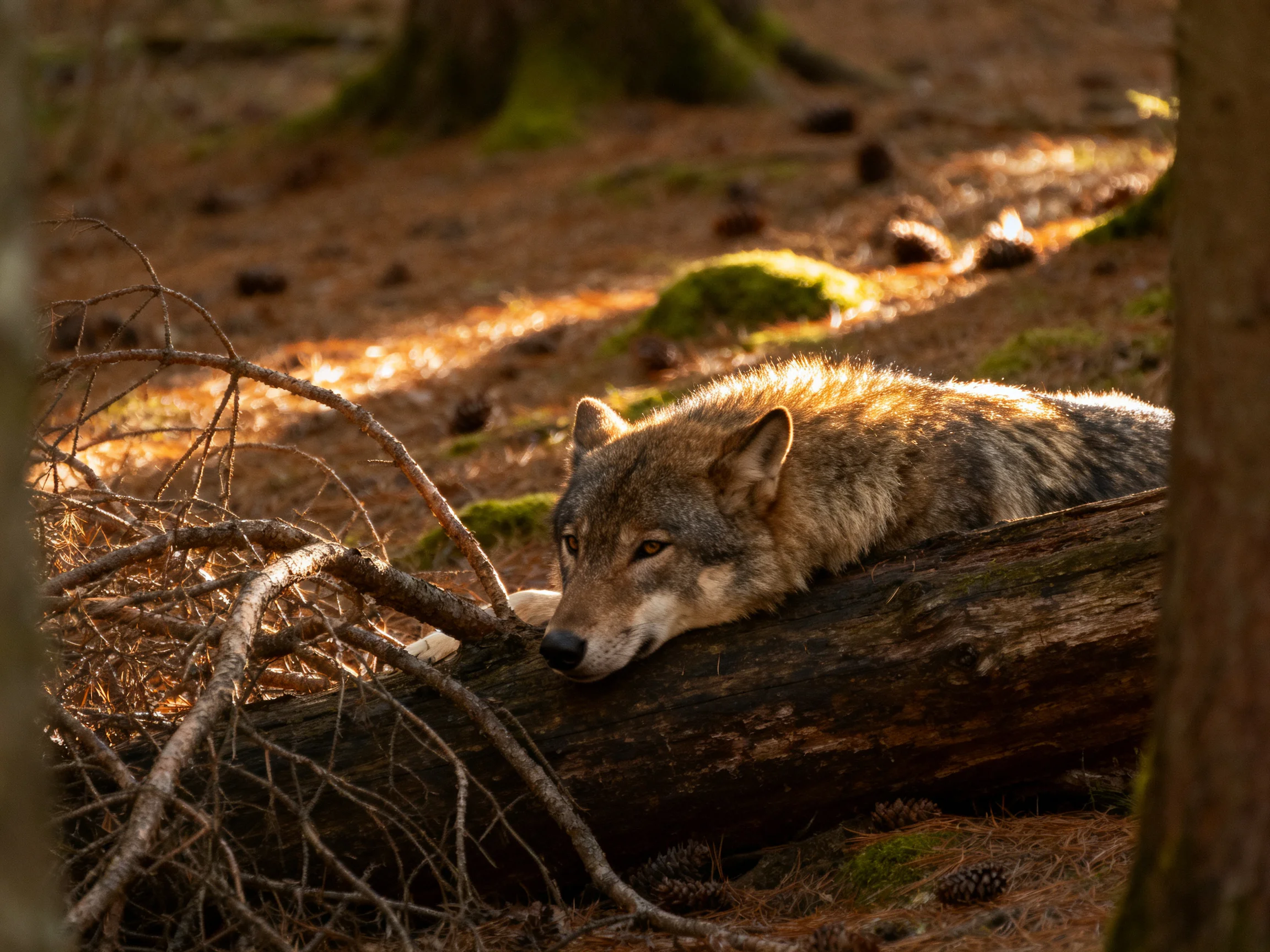 A wolf rests on a log in a sunlit forest.
