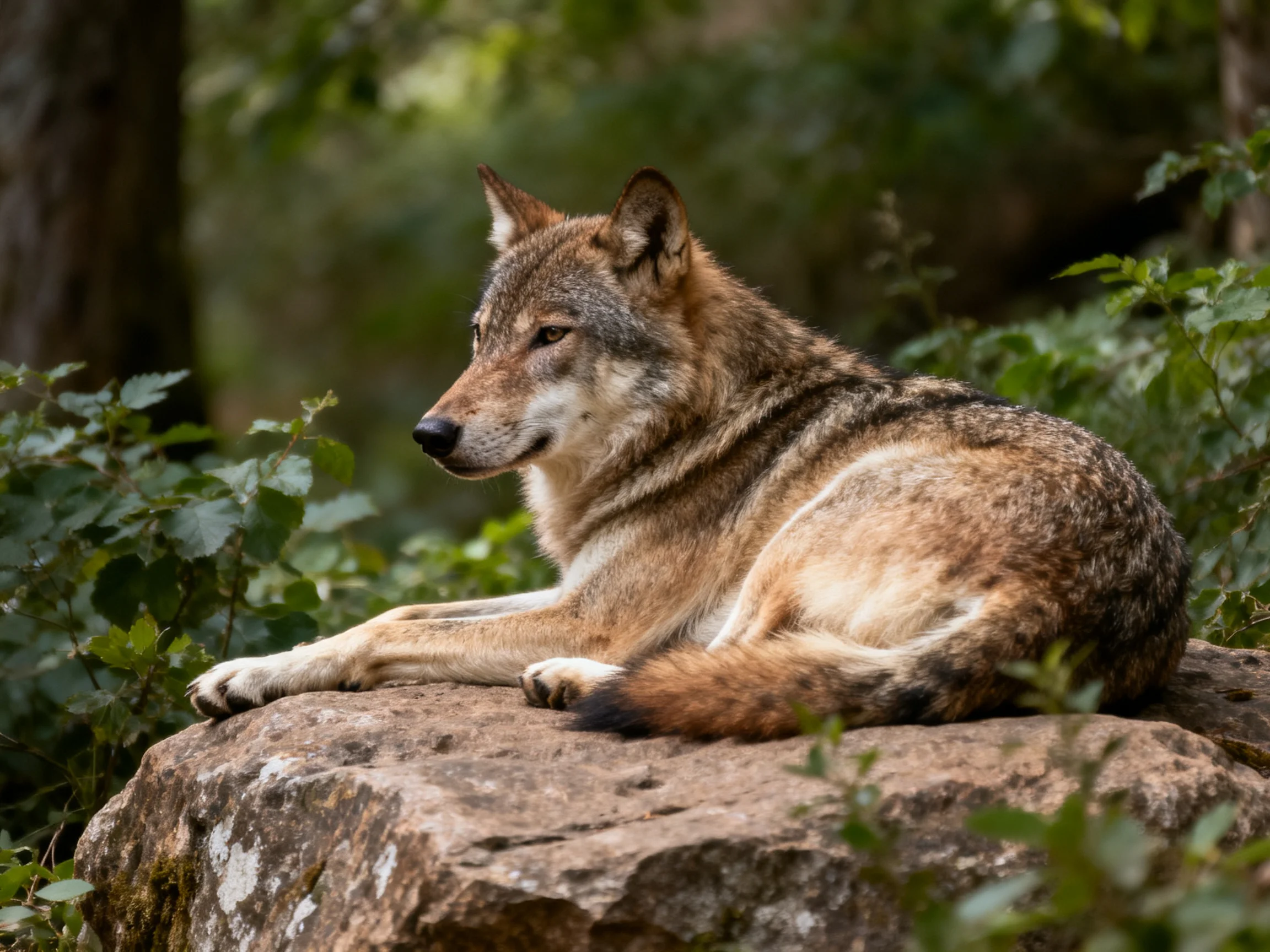 A brown wolf rests on a mossy rock amid dense green foliage