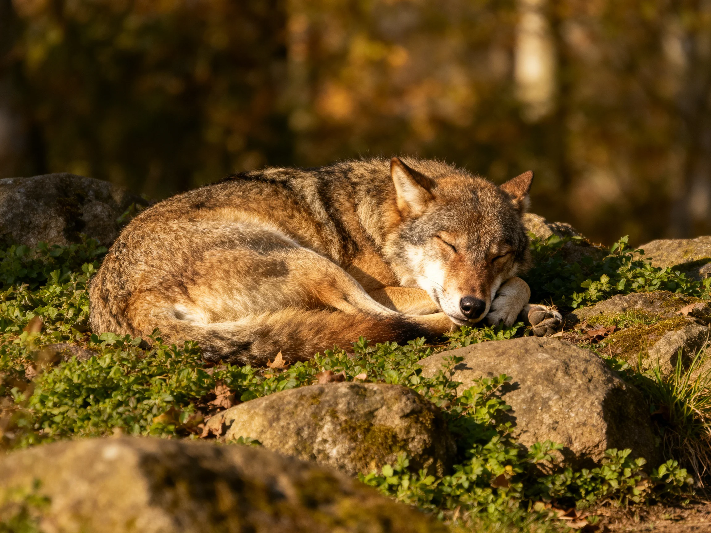A brown wolf rests on moss-covered rocks amid autumn foliage