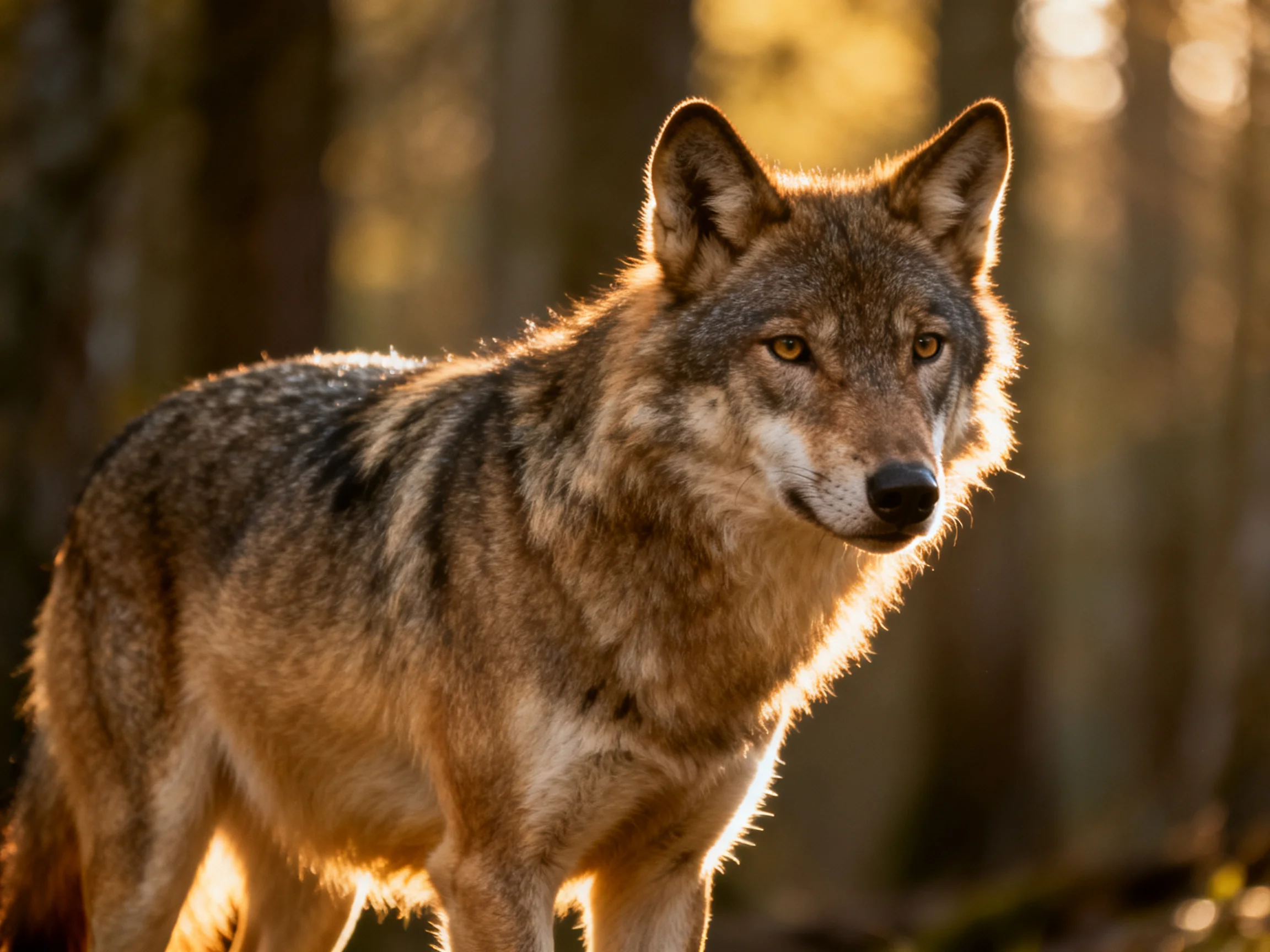 A brown wolf stands alert in a sunlit forest setting.