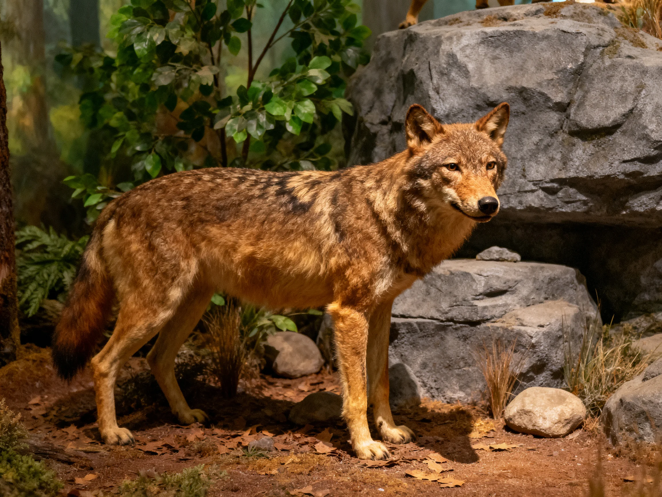 A brown wolf stands near large gray rocks with surrounding greenery.