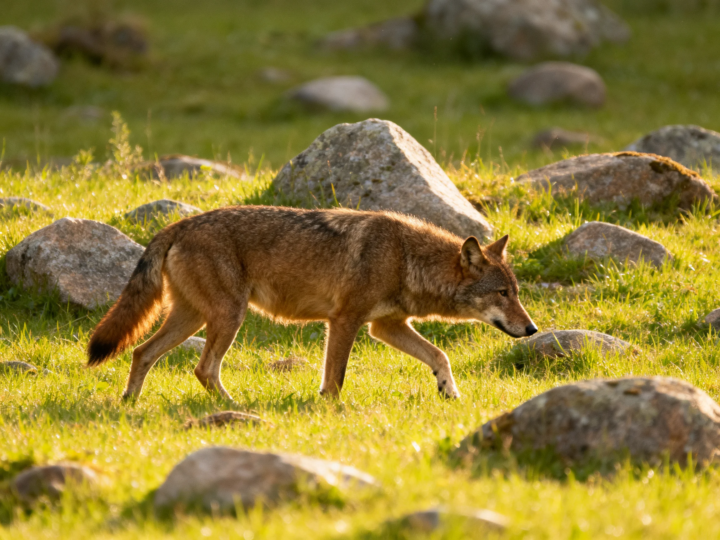 A brown wolf traverses a rocky, green meadow
