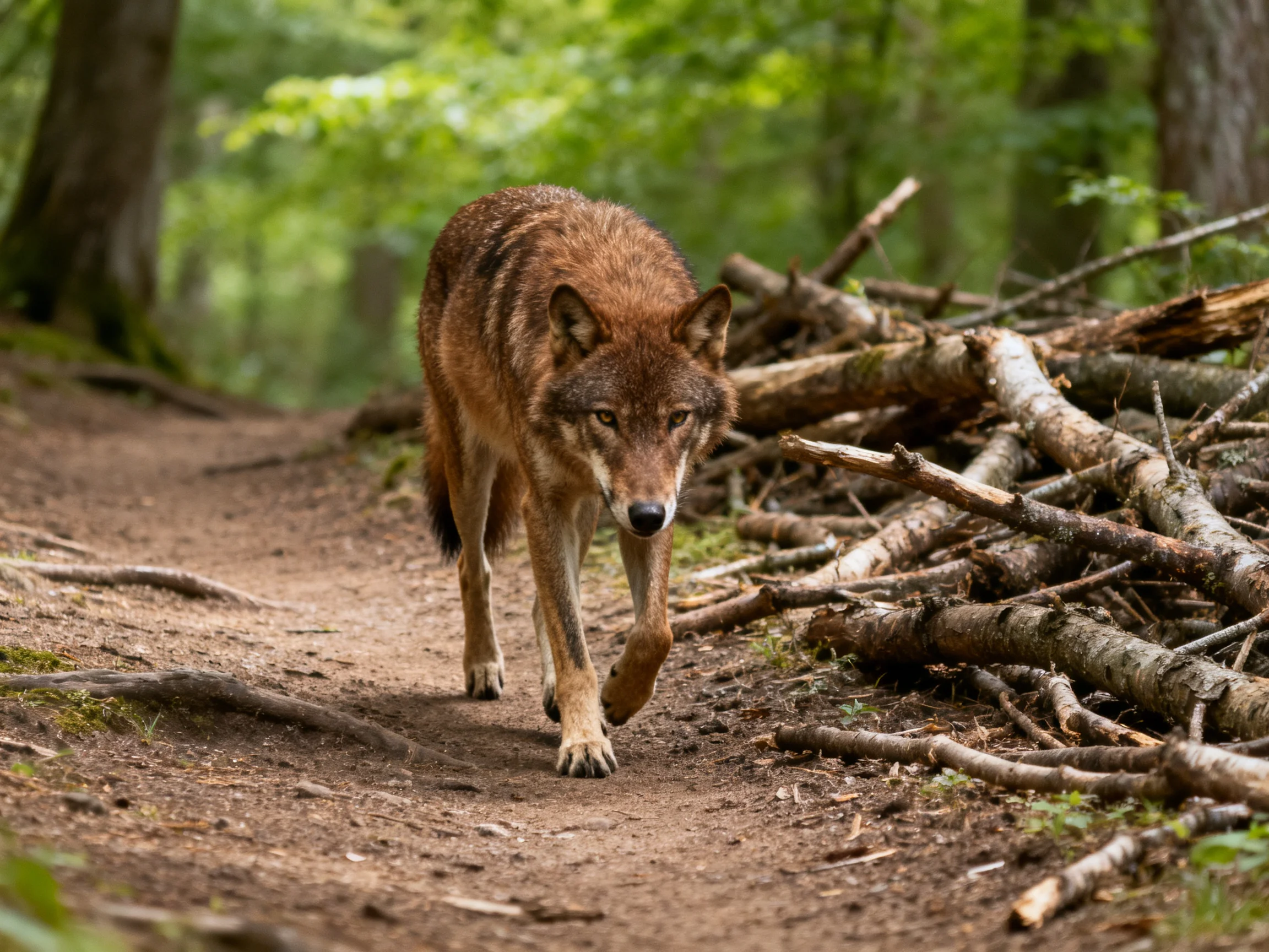 A brown wolf walks along a forest dirt path near stacked branches