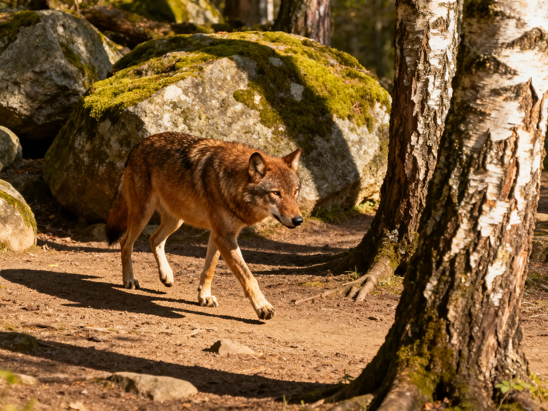 A brown wolf walks near moss-covered rocks and birch trees