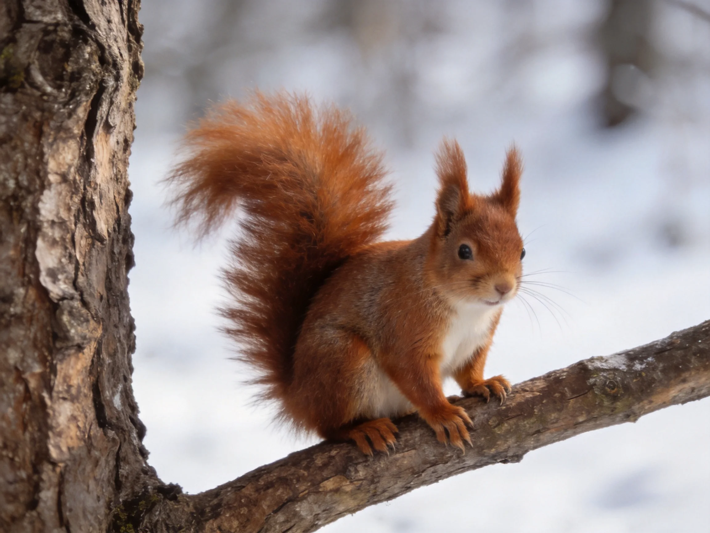 A bushy red squirrel rests on a gnarled tree branch