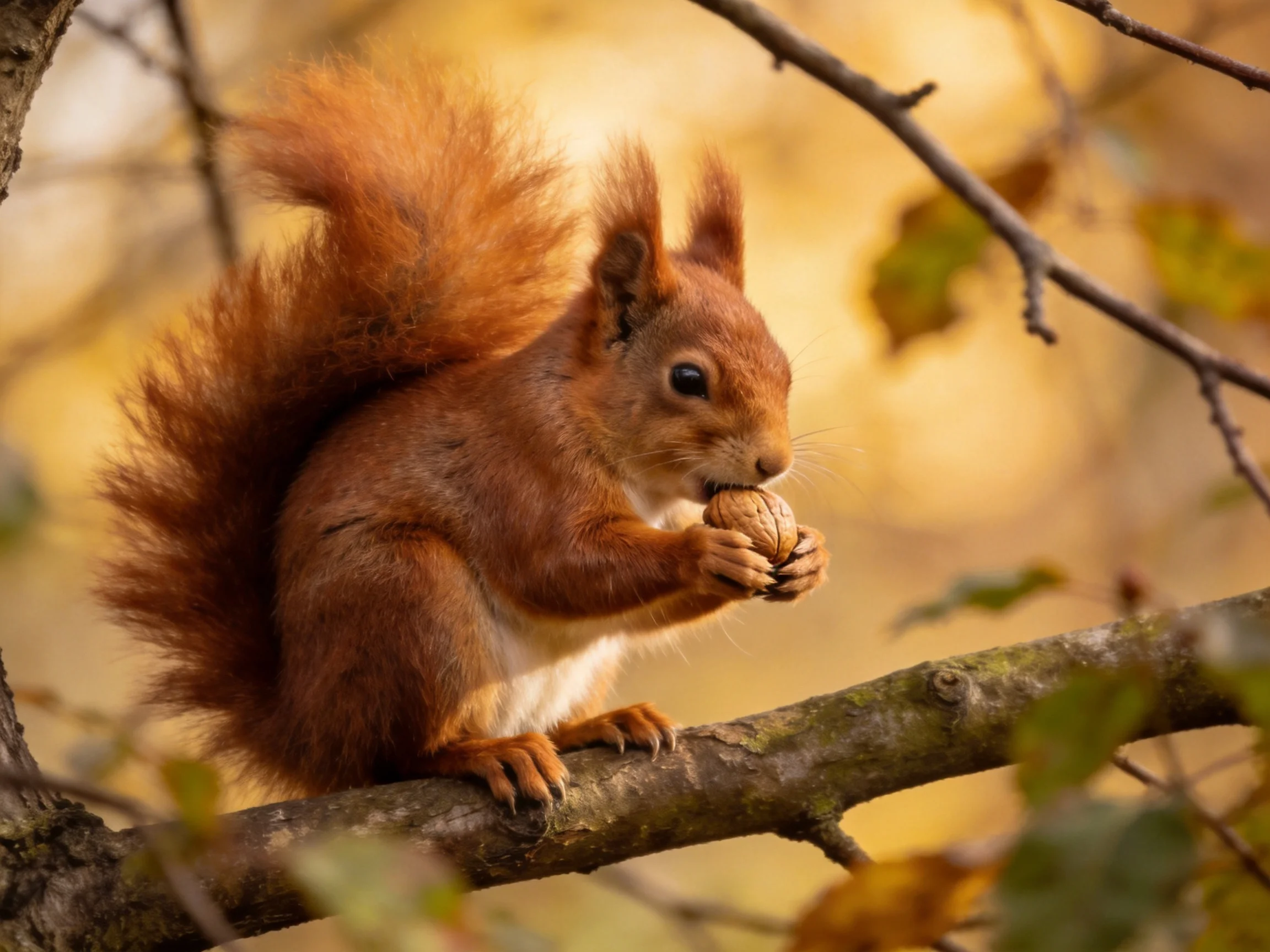 A red squirrel eats a nut while sitting on a tree branch.
